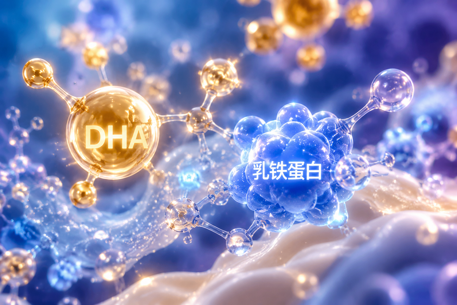 充满科技感的微观分子结构图，发光的DHA和乳铁蛋白分子漂浮在空中，象征着高端奶粉配方，3D渲染，微距摄影，梦幻色彩。