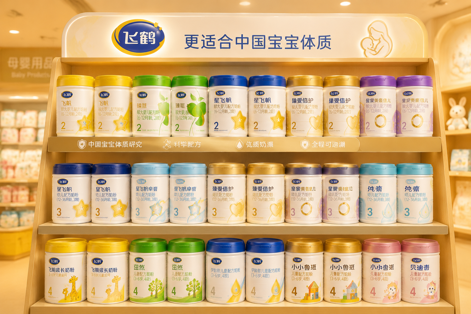 展架上整齊排列著不同段位、不同系列的飛鶴品牌嬰兒奶粉，包裝風(fēng)格統(tǒng)一且具有多樣性，場景為溫馨的母嬰用品專區(qū)，柔和的暖色調(diào)燈光打在產(chǎn)品上，展現(xiàn)出豐富的產(chǎn)品線。