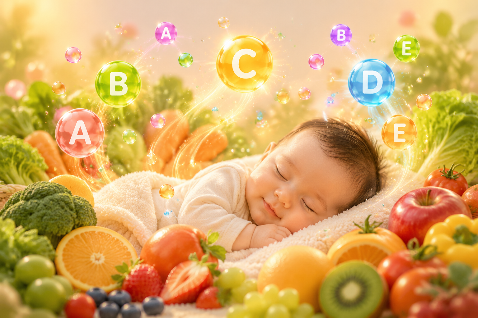 五彩斑斓的维生素气泡（标有A, B, C, D, E等字母）从新鲜水果和蔬菜中升腾而起，环绕在一个熟睡的婴儿周围，画面温馨，充满治愈感和生命力。