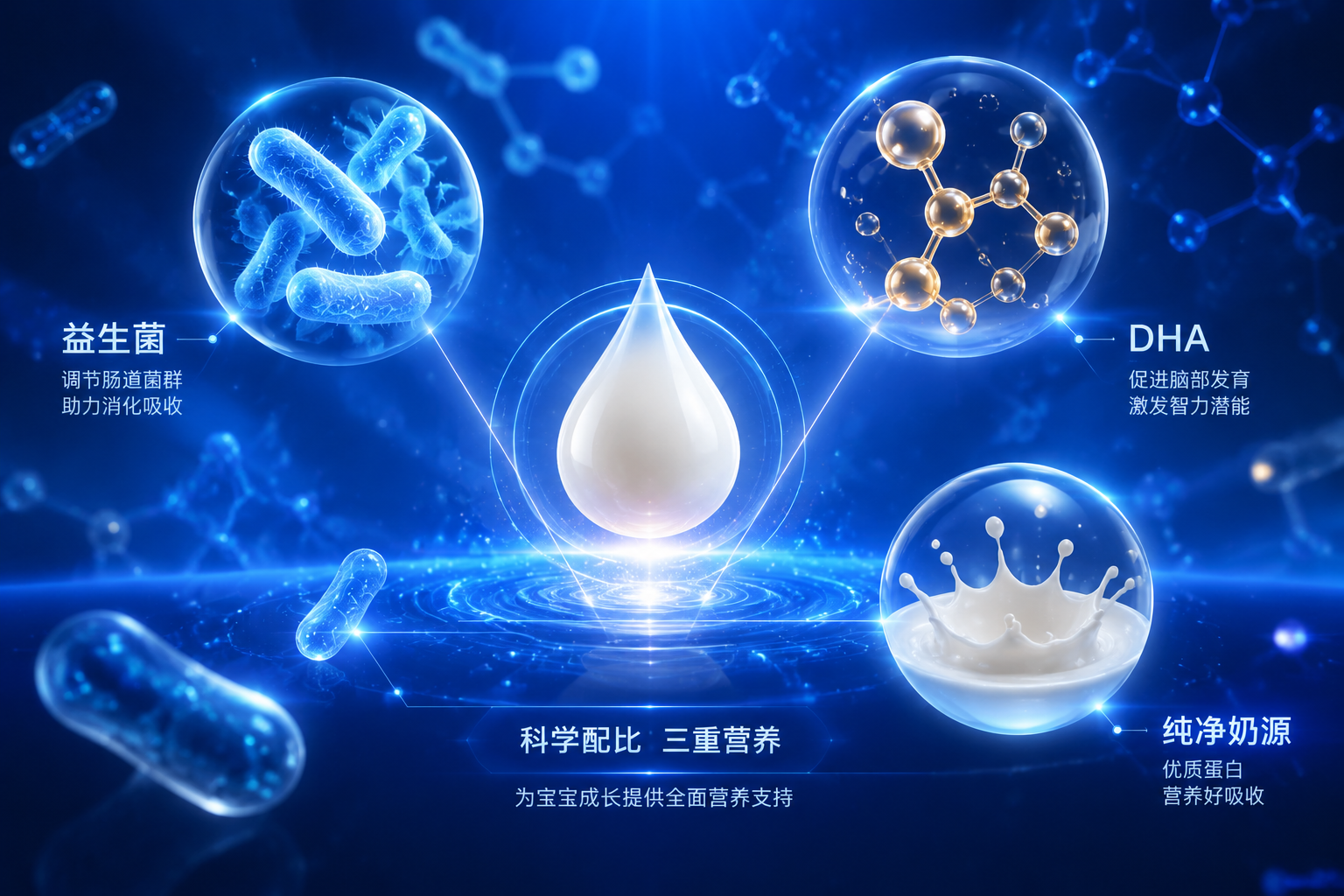 微观视角的科学配方概念图，画面中漂浮着发光的益生菌分子、DHA分子结构和纯净的奶滴，背景是深蓝色科技感光效，体现配方的高端与科学配比。
