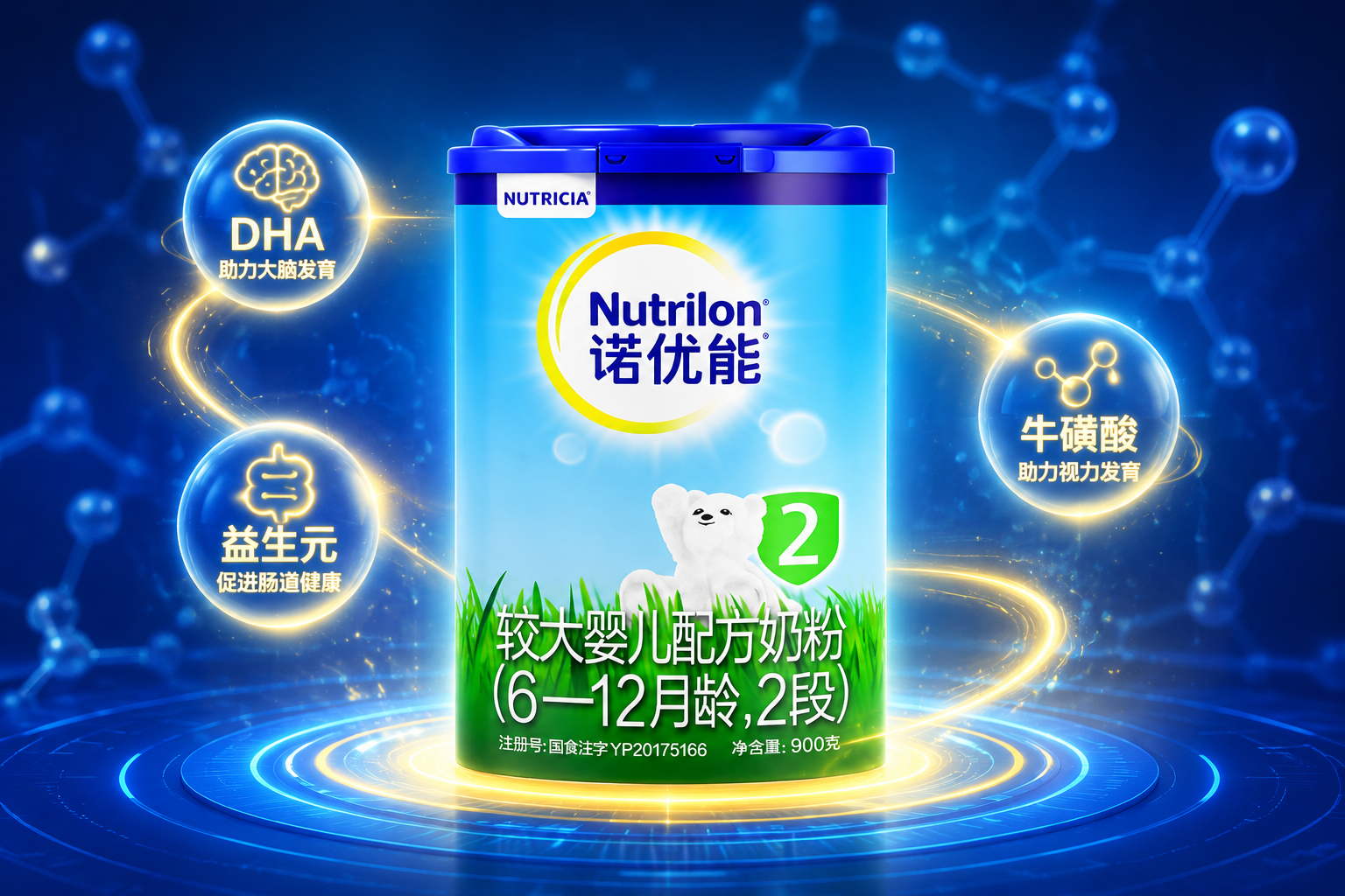 抽象的分子結構圖，高科技感發(fā)光圖標代表DHA、益生元、牛磺酸，環(huán)繞在奶粉罐周圍，藍色和金色的科技光影效果，展現(xiàn)核心配方優(yōu)勢。