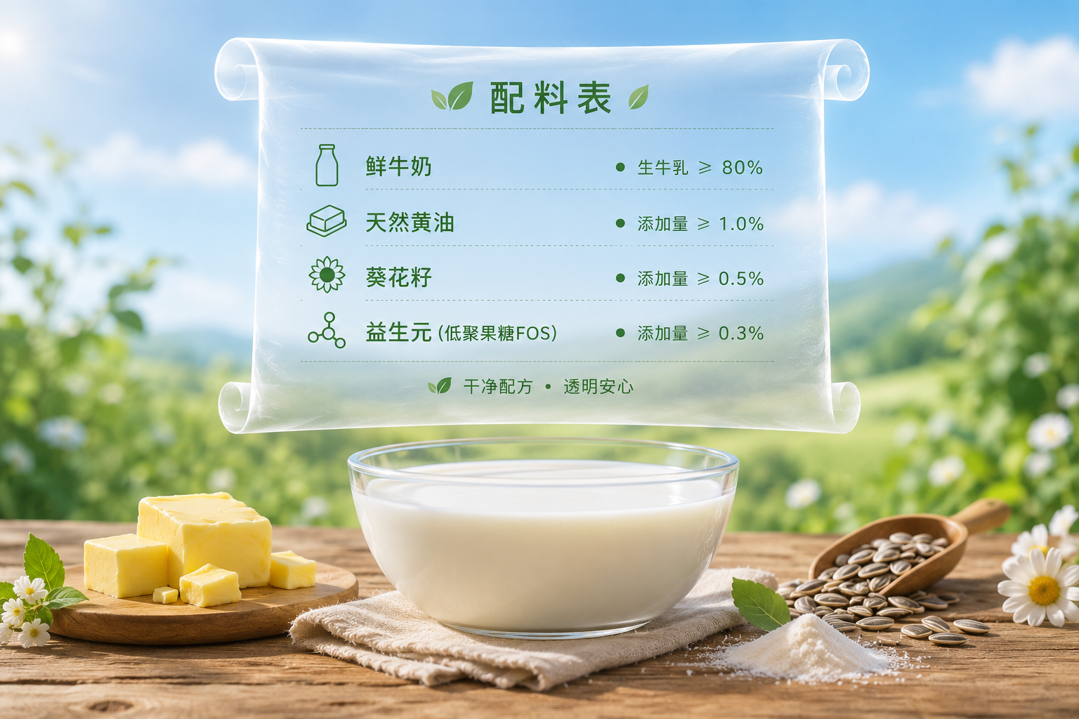 清新纯净的配料表展示概念图。木质桌面上放着一碗纯净的鲜牛奶，旁边点缀着天然黄油块、葵花籽和一些微小的益生元粉末，画面正上方悬浮着一张半透明的配料清单卷轴，充满透明、安心的质感。