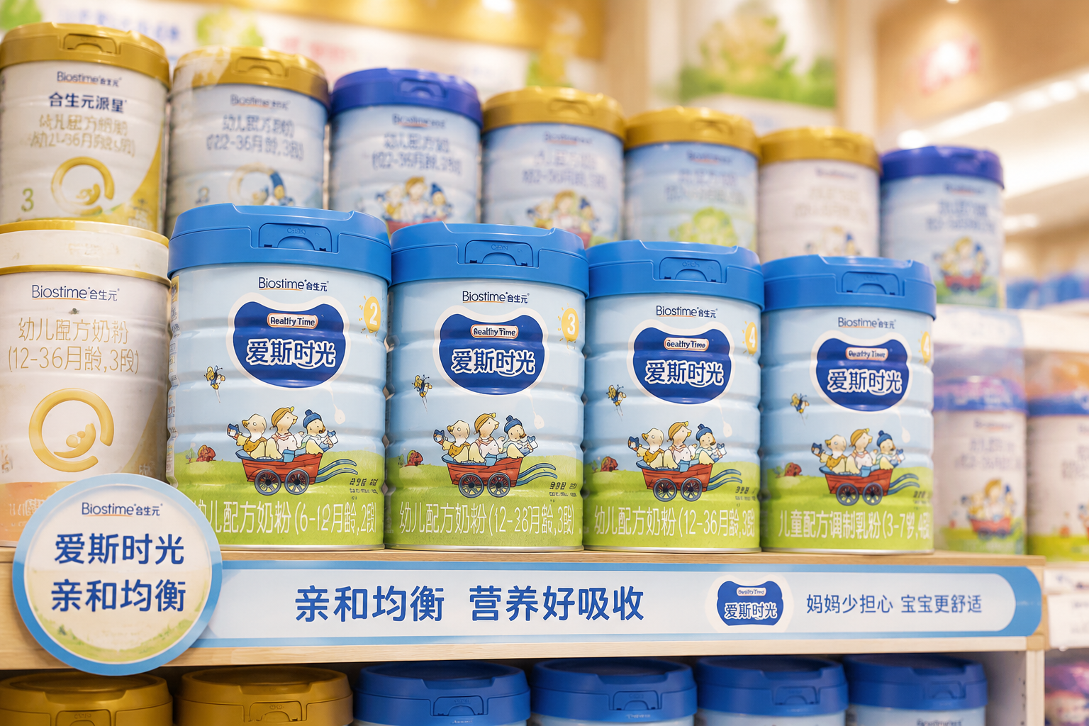 几罐不同段数和系列的合生元婴儿奶粉整齐排列在超市货架上,景深效果,突出前排的爱斯时光系列,温馨明亮的色调。