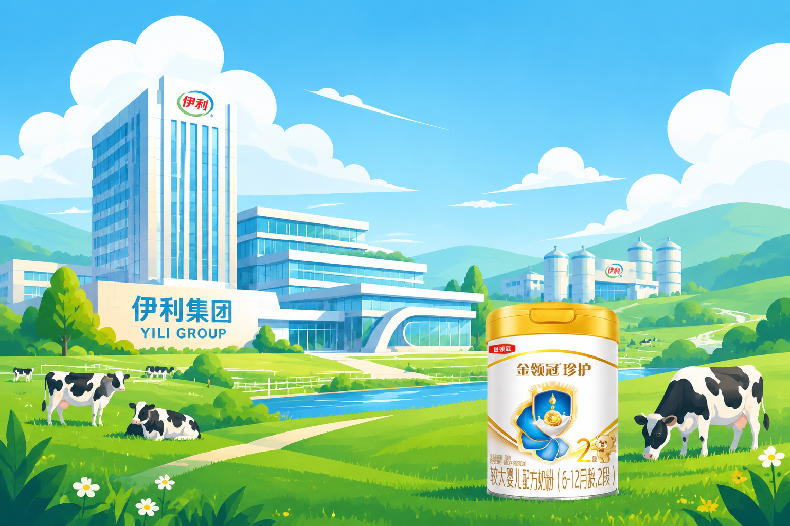 现代化的企业大楼与绿色生态牧场融合的插画，天空中飘着白云，阳光明媚，代表着伊利集团雄厚的企业实力与历史底蕴，色调清新自然，扁平化商业插画风格。
