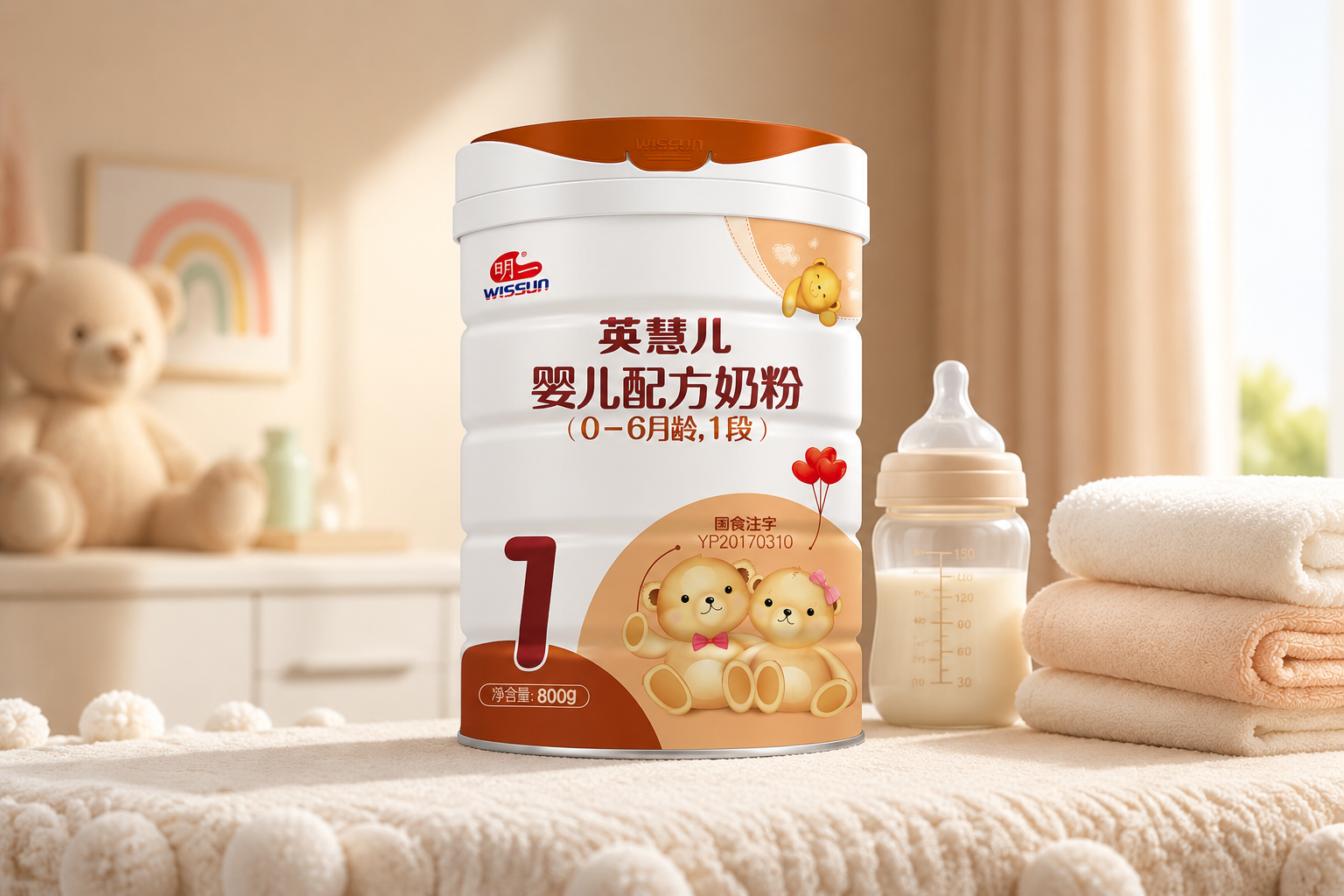 一罐明一英慧儿奶粉1段的高清产品图，放置在温馨的母婴环境中，旁边有柔软的婴儿毛巾和奶瓶，光线柔和，突出产品的专业感和高端品质，3D渲染风格，8k分辨率。