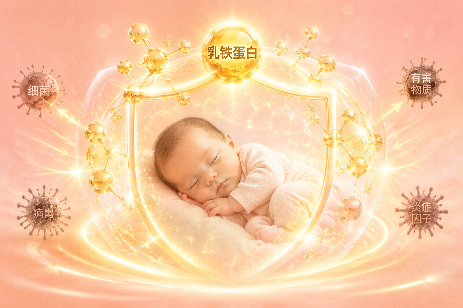 抽象的免疫力保护盾概念图，金色的乳铁蛋白分子结构在发光，形成一个坚固的保护罩，保护着中间熟睡的可爱婴儿，背景是温暖的粉金色调，象征着母乳般的呵护与强大的抵抗力。