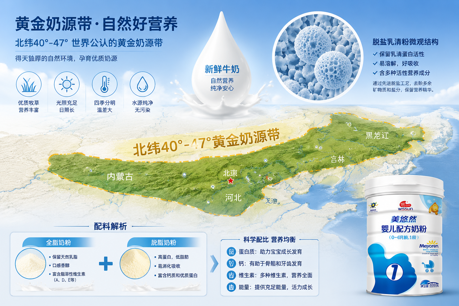 一张信息图表风格的图片，背景是中国北纬40°-47°的黄金奶源带地图，上方漂浮着新鲜的牛奶滴和脱盐乳清粉的微观结构示意图，配以“全脂奶粉+脱脂奶粉”的配料解析视觉元素，专业且具有科普感。