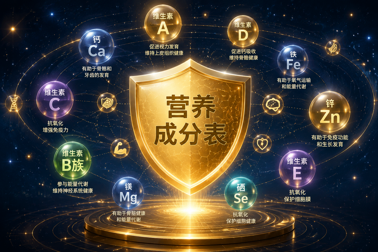 营养成分表概念图，各种维生素和矿物质的图标（如钙、铁、锌、维生素A等）像繁星一样环绕着一个金色的营养盾牌，专业、科学、严谨的视觉风格。