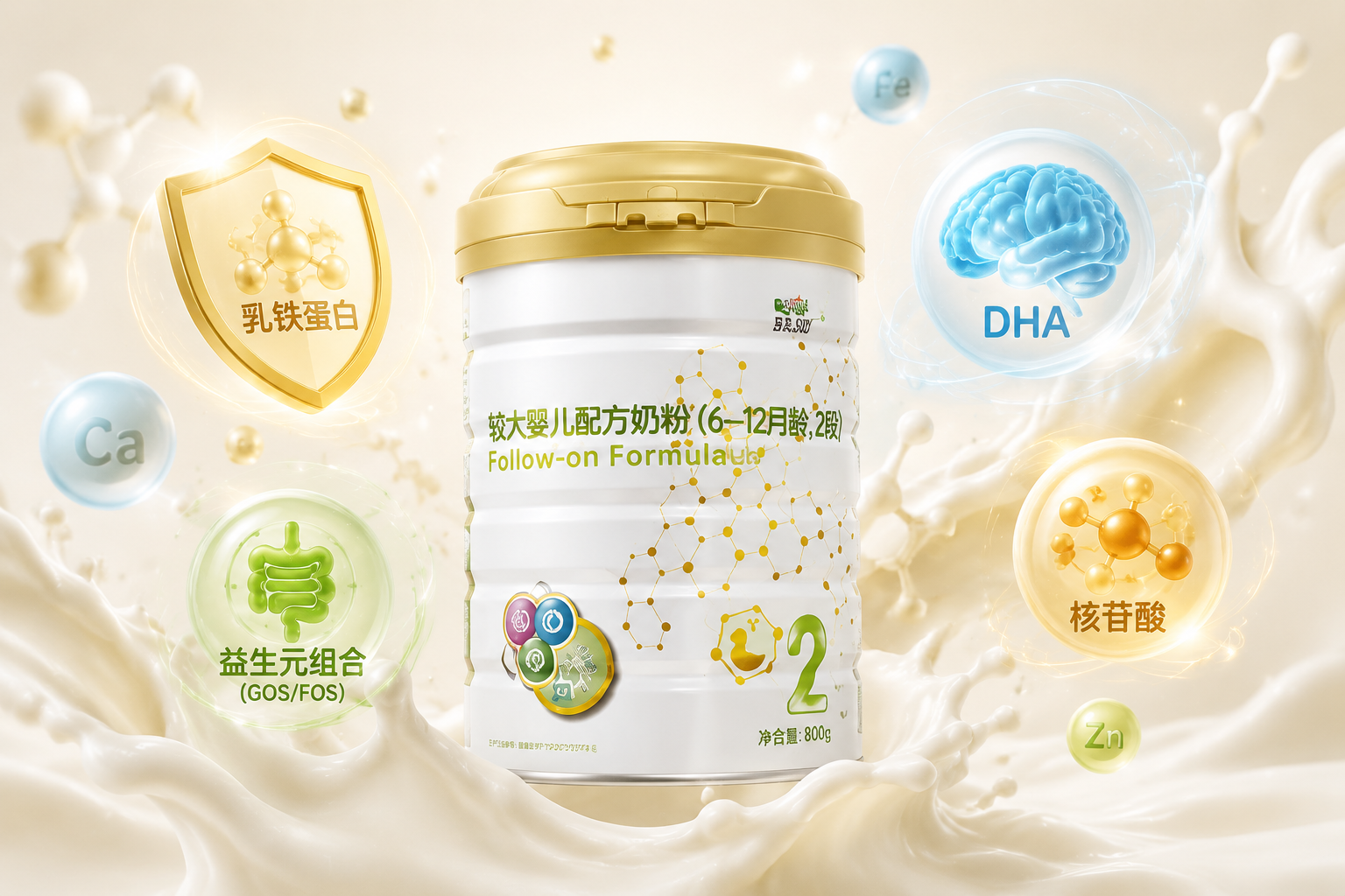 3D概念插畫，奶白色的背景中，漂浮著充滿活力的營養(yǎng)成分圖標（如代表乳鐵蛋白的盾牌、代表DHA的大腦圖標、代表益生元的腸道圖標），液態(tài)奶花四濺，充滿科技感與營養(yǎng)豐富的視覺效果。