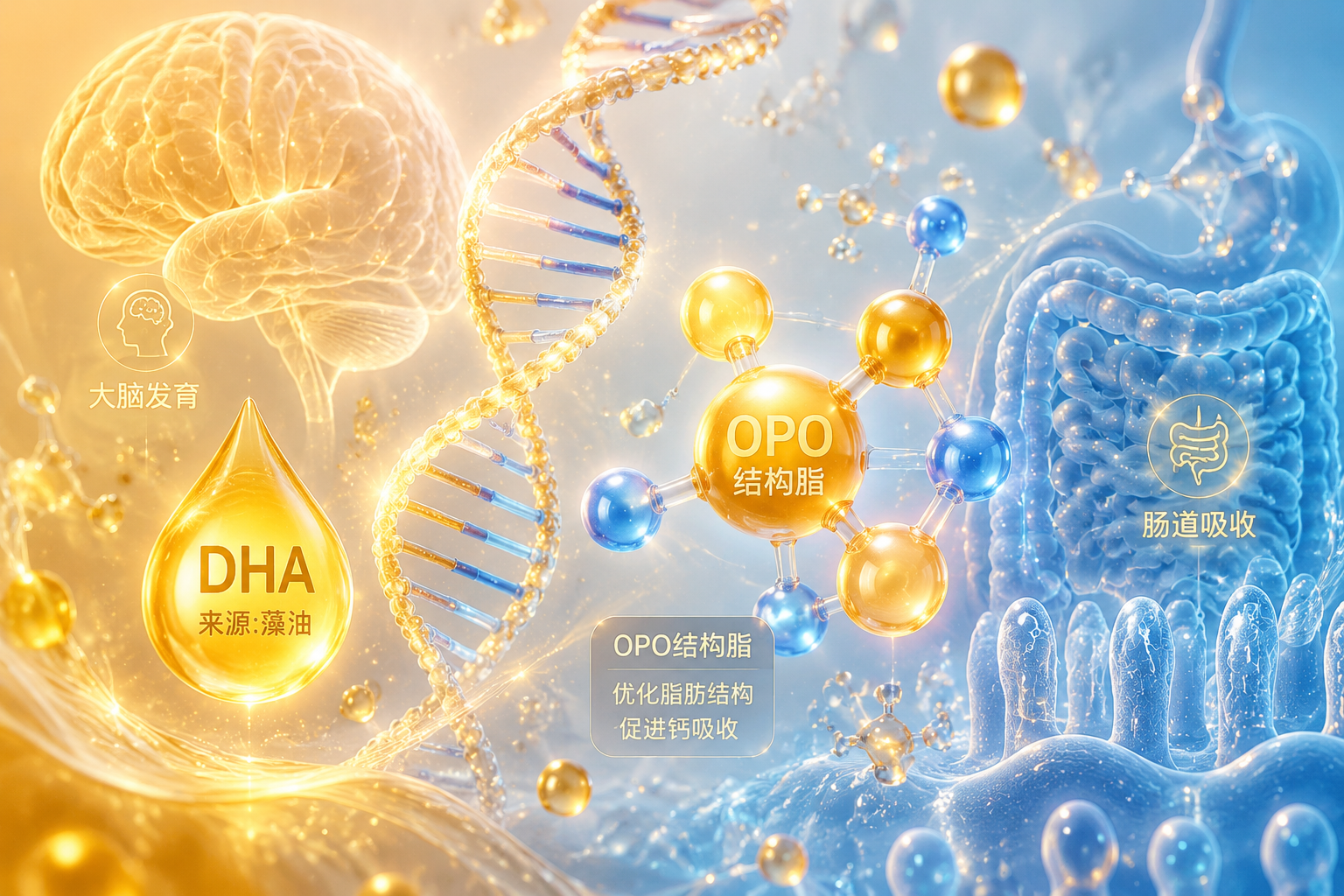 微观视角的科学概念图，画面中漂浮着发光的DNA螺旋、代表OPO结构脂的分子模型和代表DHA的金色液滴，背景是柔和的金色和蓝色渐变，象征着大脑发育和肠道吸收的科学配方，充满科技感与生命力。