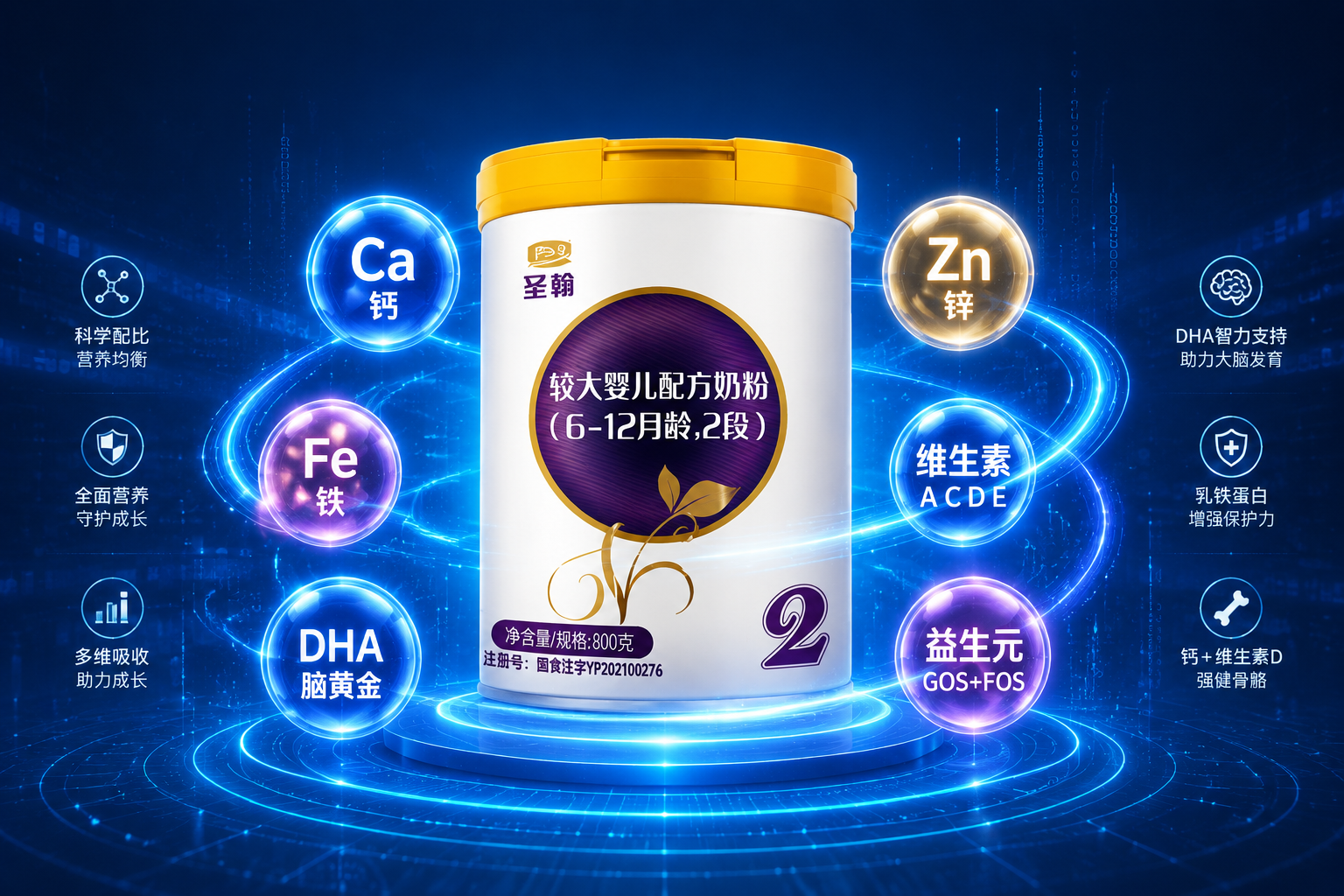 充滿科技感的畫面，奶粉罐周圍環(huán)繞著發(fā)光的營養(yǎng)元素圖標(biāo)（如鈣、鐵、鋅、維生素、DHA等），背景是深藍(lán)色帶有數(shù)據(jù)流動(dòng)的特效，展現(xiàn)奶粉配方全面、科學(xué)的特點(diǎn)。