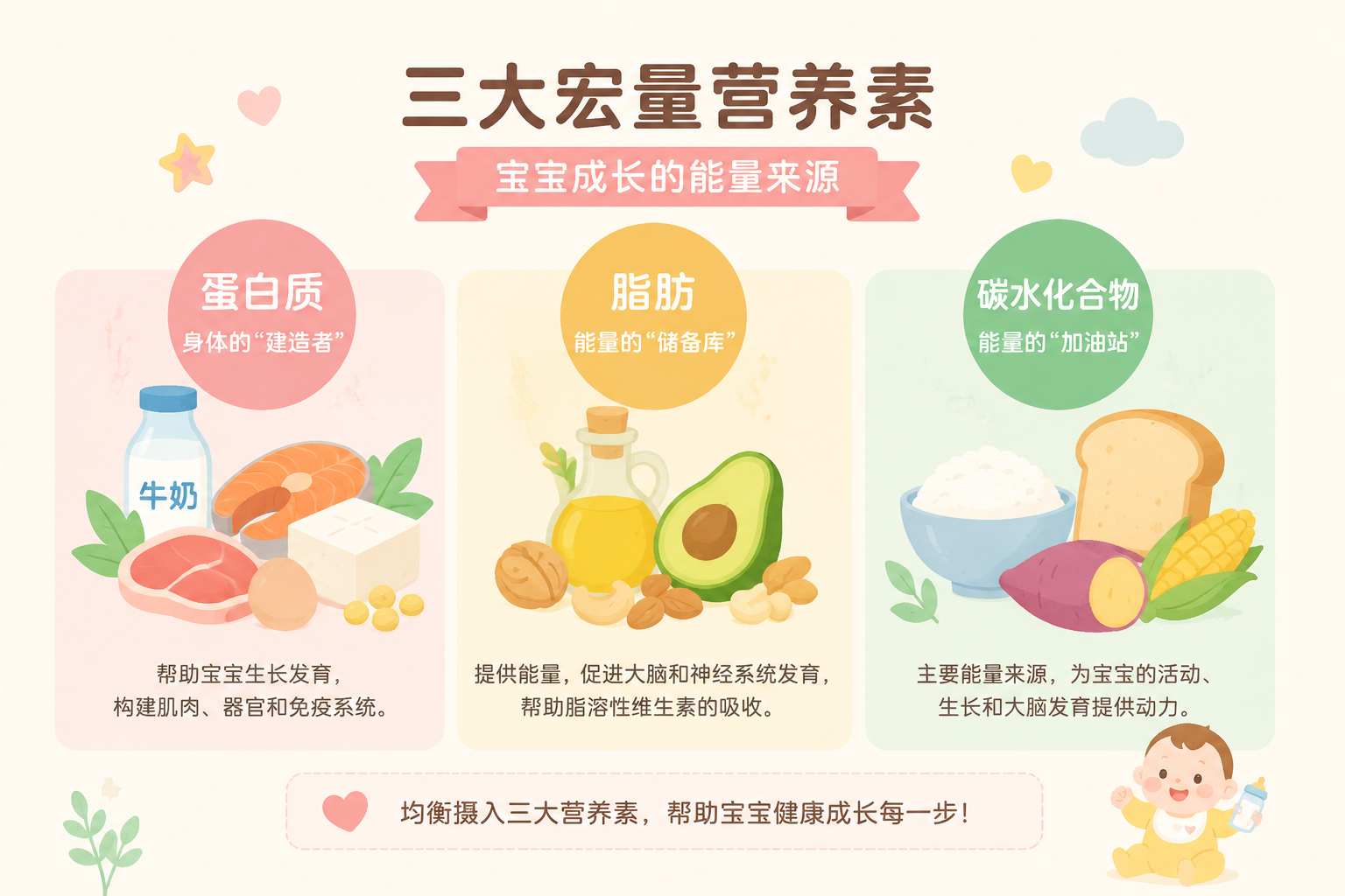 扁平化信息图表风格的图片，展示蛋白质、脂肪、碳水化合物三大宏量营养素的图标，色彩柔和，适合母婴科普文章的插图。