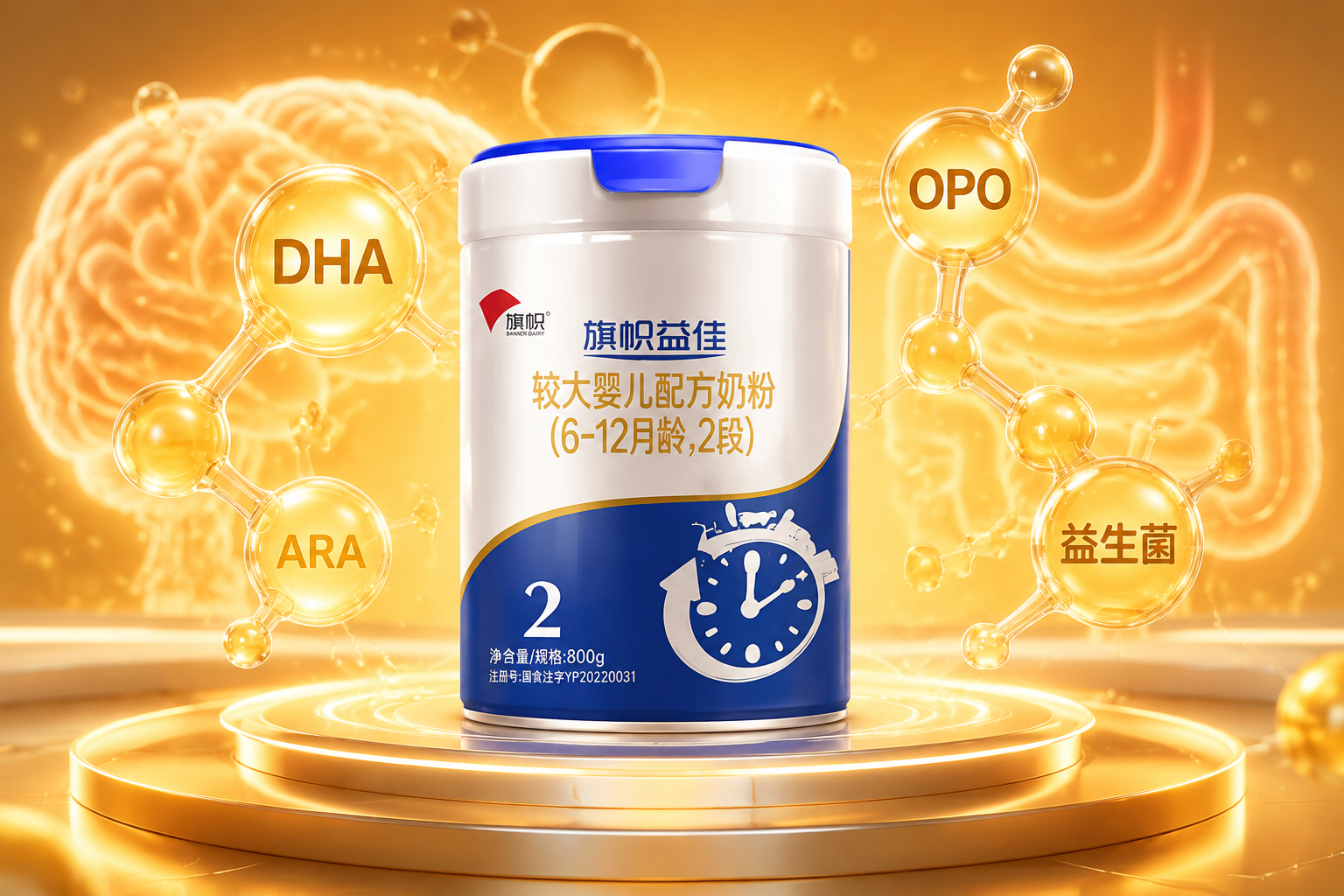 科技感微距摄影，奶粉罐周围环绕着发光的半透明分子结构图标（代表DHA、OPO、益生菌等），背景是充满活力的暖色调，象征着宝宝大脑发育和肠道吸收的活力，3D渲染，未来感，母婴健康概念。