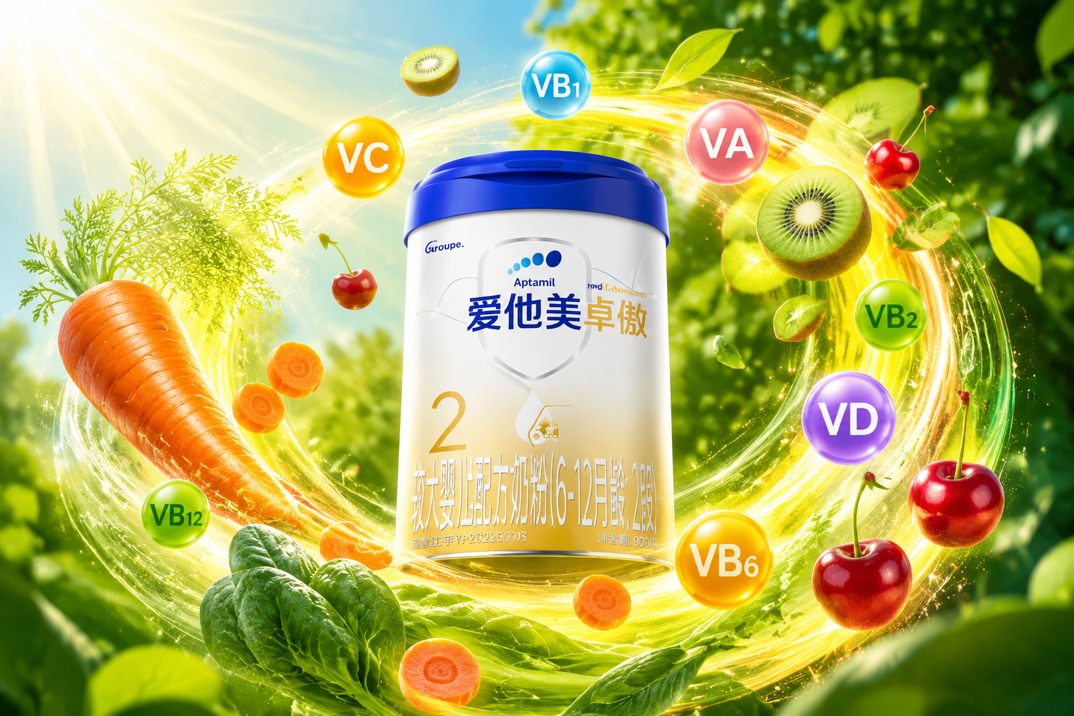 新鲜的蔬菜、水果（如胡萝卜、猕猴桃、樱桃）和一缕阳光交织在一起，化作彩色的能量光环，象征丰富的维生素群，清新自然，色彩鲜艳。