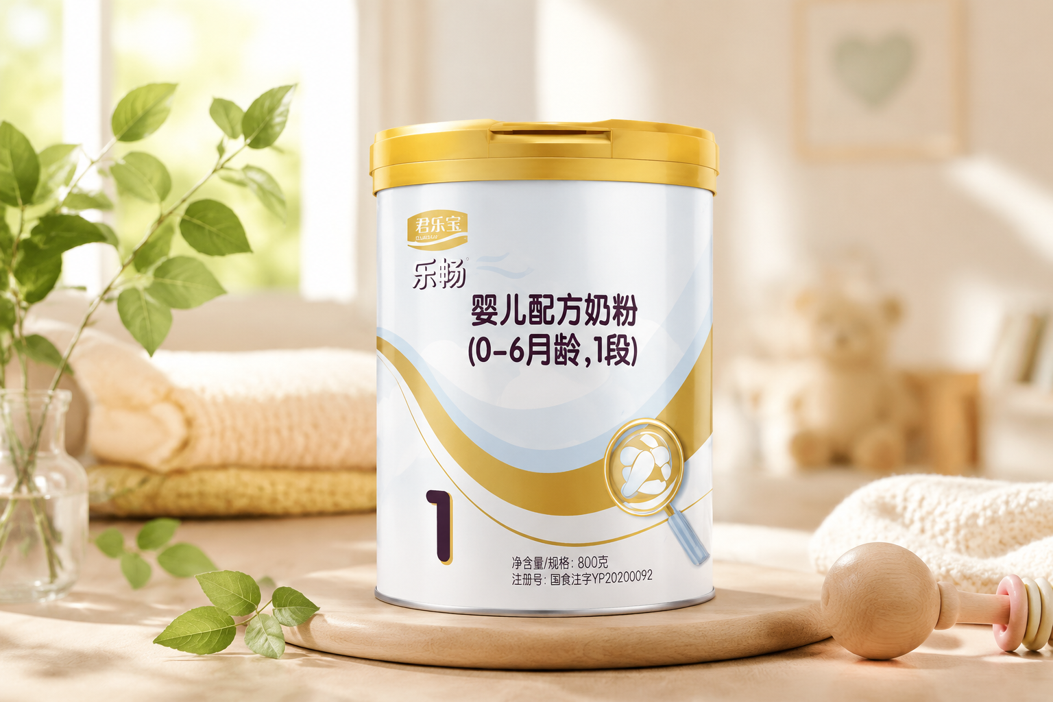 一罐君乐宝乐畅婴儿配方奶粉1段（800g）的高清产品图，放置在明亮温馨的母婴摄影棚背景中，旁边有绿叶和温暖的光影，体现高端国货奶粉的质感，3d渲染，超写实，摄影级别。