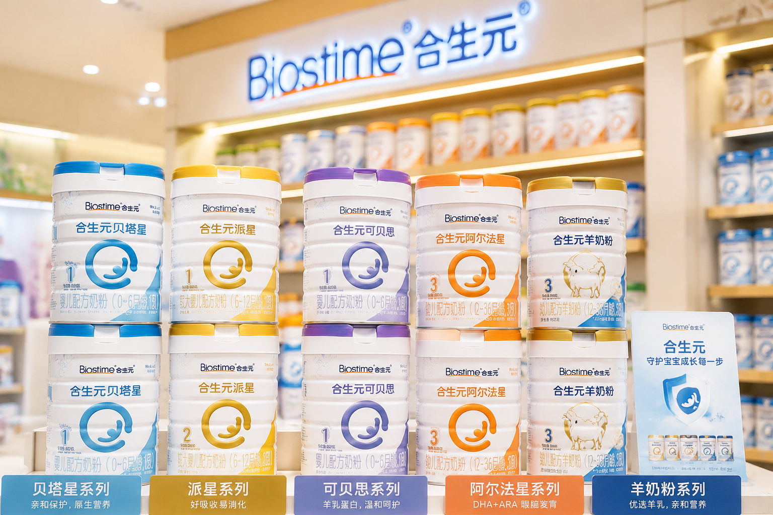 明亮整洁的母婴店货架，排列着不同段数和系列的合生元奶粉（如派星、阿尔法星等），景深效果，突出合生元品牌的丰富产品线，色彩温馨，商业摄影风格。