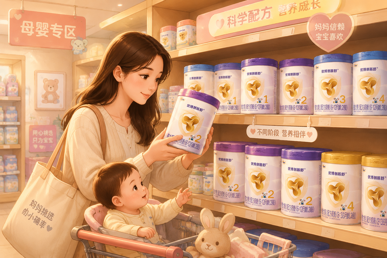 溫馨的家庭購物場景插畫，一位年輕媽媽在母嬰店的貨架前挑選奶粉，貨架上擺放著不同段數(shù)的奶粉罐，色調(diào)溫暖柔和，傳遞出安心選購的情感。