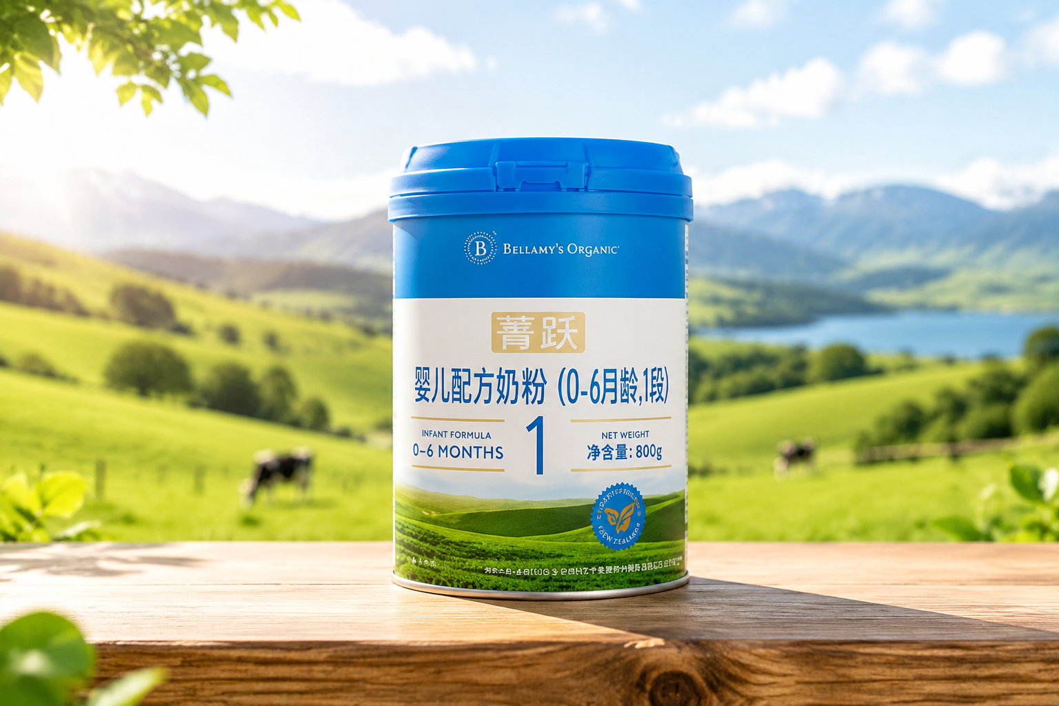 一罐贝拉米菁跃有机奶粉1段放置在木质桌面上，背景是阳光明媚的新西兰绿色牧场，高清晰度，产品摄影，自然光，清新有机风格。