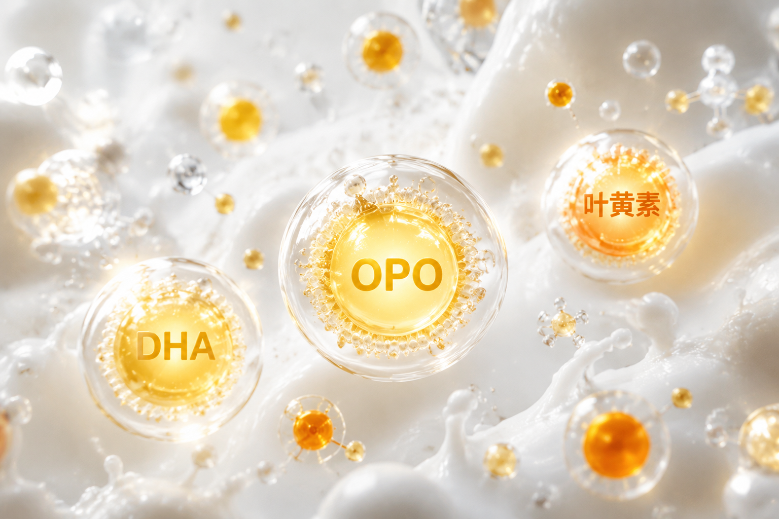 顯微鏡視角的微觀畫面，發(fā)光的營(yíng)養(yǎng)分子（代表OPO、DHA、葉黃素等）在純白色的奶液中活躍漂浮，充滿科技感和營(yíng)養(yǎng)豐富的感覺。