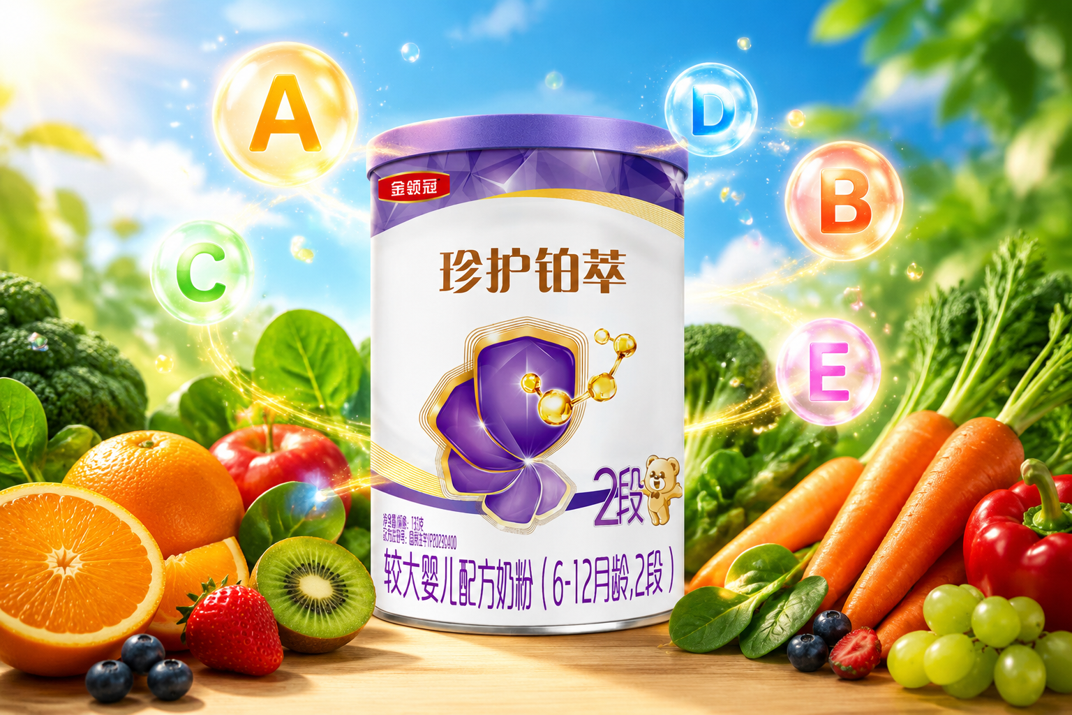 色彩繽紛的新鮮水果和蔬菜（如橙子、胡蘿卜、菠菜）環(huán)繞著奶粉罐，空中漂浮著發(fā)光的維生素A、B、C、D、E字母，畫面充滿活力和健康氣息。
