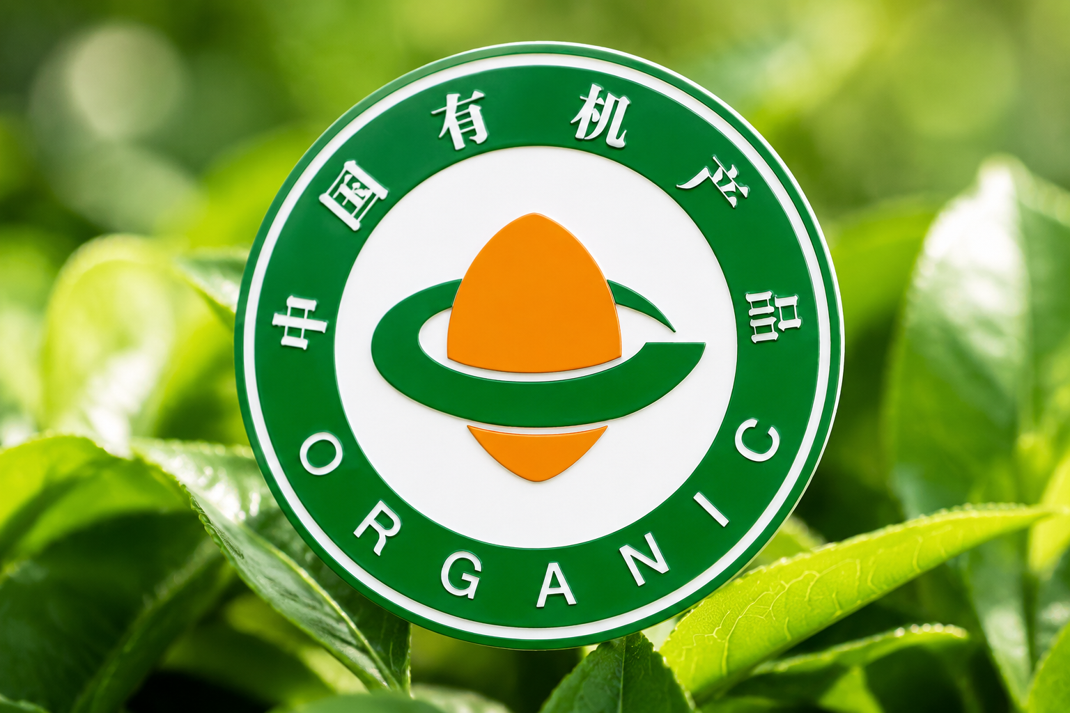 中国有机产品认证标志（COFCC）的特写，绿色和白色的标志，背景为虚化的绿色树叶，代表天然、安全、无添加的有机标准，微距摄影，清晰明亮。