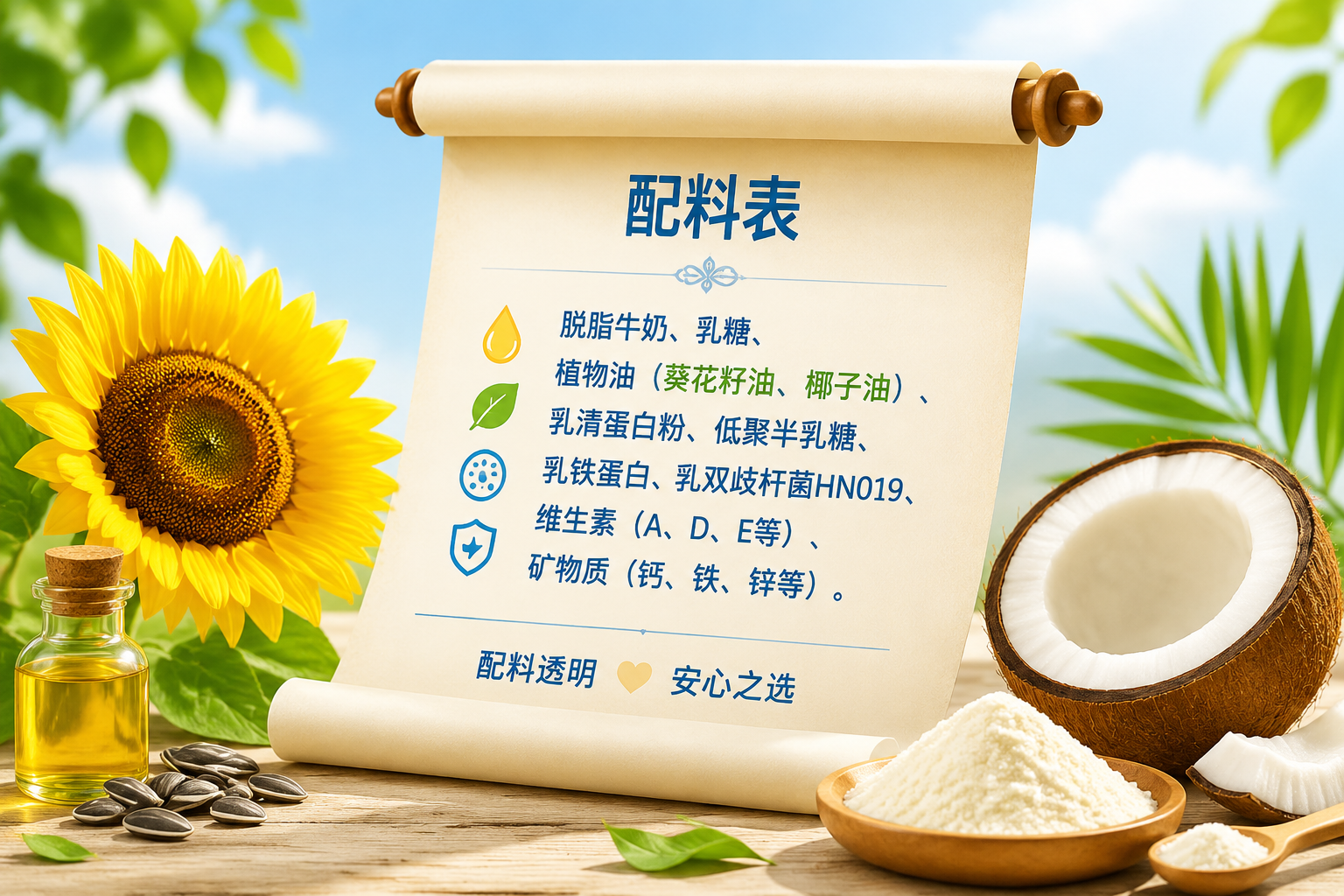 畫(huà)面展示一張清晰的奶粉配料表卷軸，卷軸部分展開(kāi)，旁邊放置著向日葵（代表葵花籽油）、椰子（代表椰子油）和一小撮純凈的乳清粉。整體風(fēng)格清新自然，突出配料的透明與安心感。
