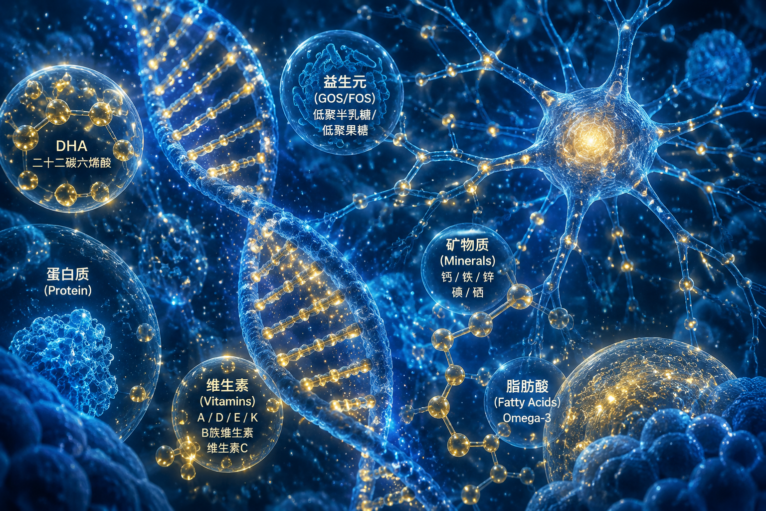 顯微鏡視角的微觀科學(xué)插圖，展示DNA雙螺旋結(jié)構(gòu)、發(fā)光的神經(jīng)元細(xì)胞和分子結(jié)構(gòu)，代表DHA、益生元和各類營養(yǎng)素。色彩采用科技感的藍(lán)色和金色交織，畫面充滿未來感與生物科技的嚴(yán)謹(jǐn)性。