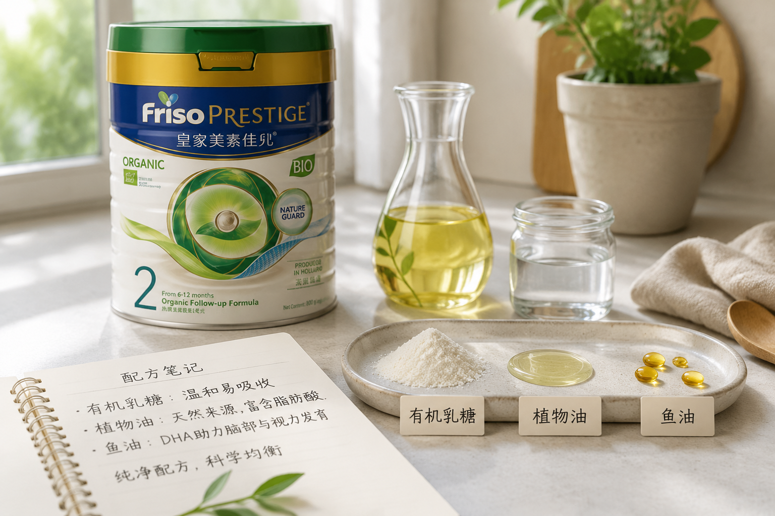 干凈整潔的廚房臺(tái)面上，擺放著寫著配方的手寫筆記本文本，旁邊放著一小碟有機(jī)乳糖、植物油和幾滴魚(yú)油的藝術(shù)攝影，體現(xiàn)配料的純凈與考究。