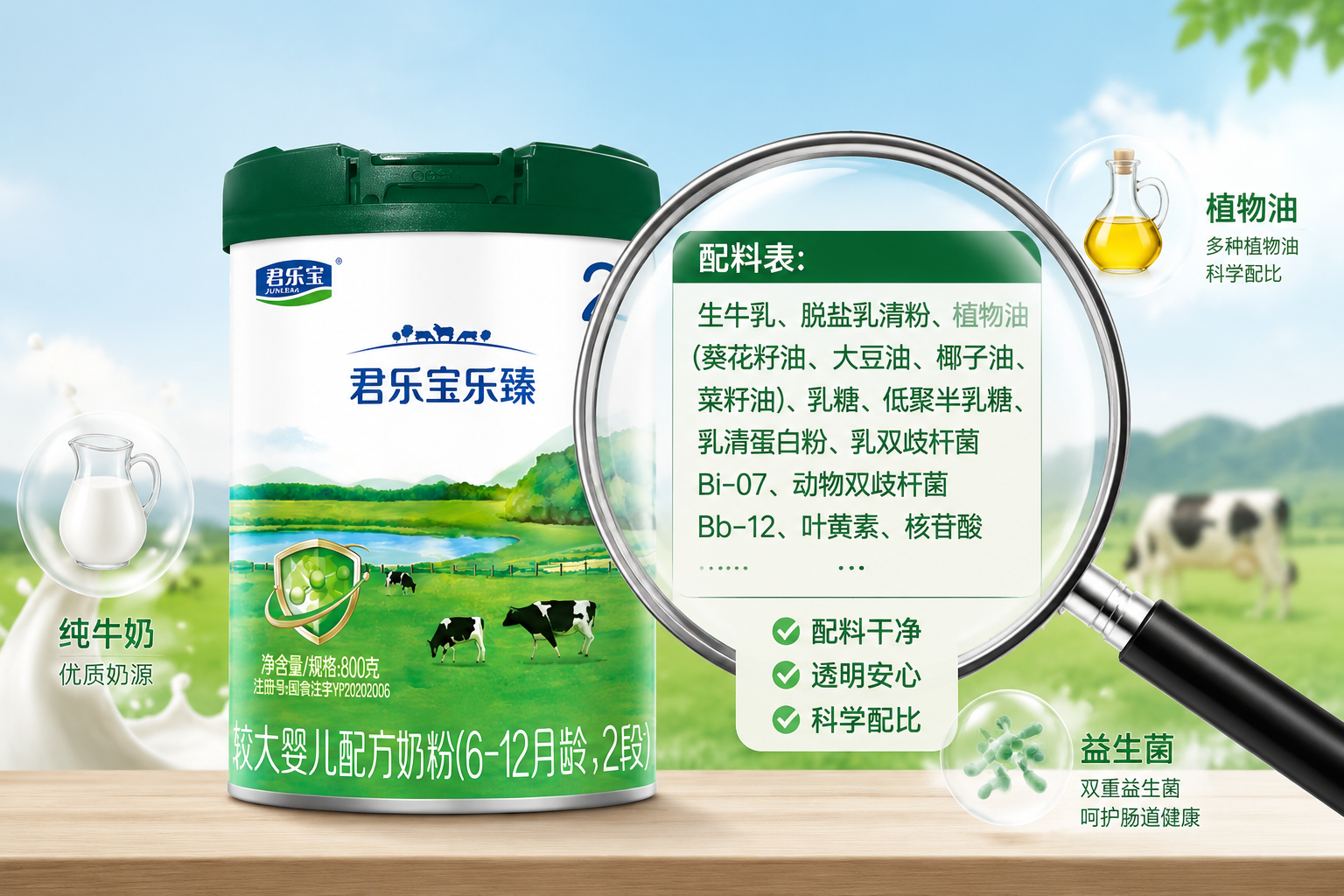 放大鏡聚焦在清晰的配料表標(biāo)簽上，周圍點(diǎn)綴著純牛奶、植物油和益生菌的微小插畫，傳達(dá)配料干凈、透明的信息。