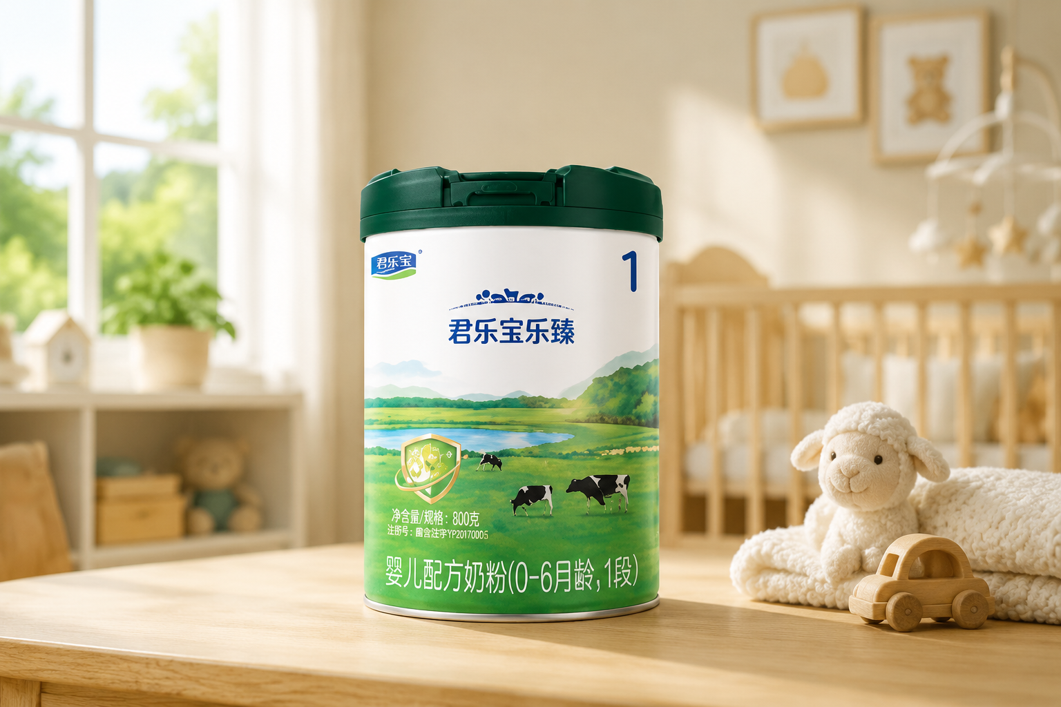 一罐包装精美的君乐宝乐臻婴幼儿奶粉放置在木质桌面上，旁边有温暖的阳光透过窗户洒下，背景是温馨的婴儿房，色调柔和，展现出高品质和母婴呵护的氛围，产品摄影，高分辨率，写实风格。