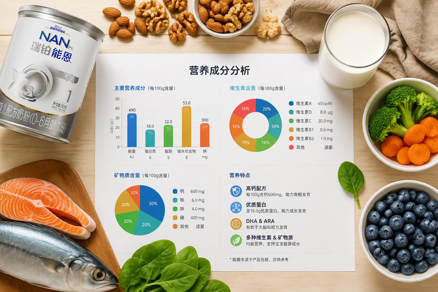 一张精美的营养成分分析数据图表,带有各种彩色柱状图和饼图,旁边放着一杯冲泡好的牛奶和新鲜的坚果、深海鱼、蔬菜(代表营养来源),桌面俯视视角,明亮光线,商业摄影风格。