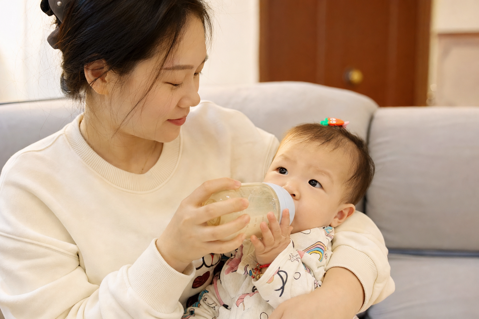一位年轻温柔的妈妈正在给一个1岁左右的健康宝宝喂奶，宝宝表情愉悦，喝得很开心。家庭室内环境，温馨的暖色调灯光，展现母婴互动的幸福瞬间。