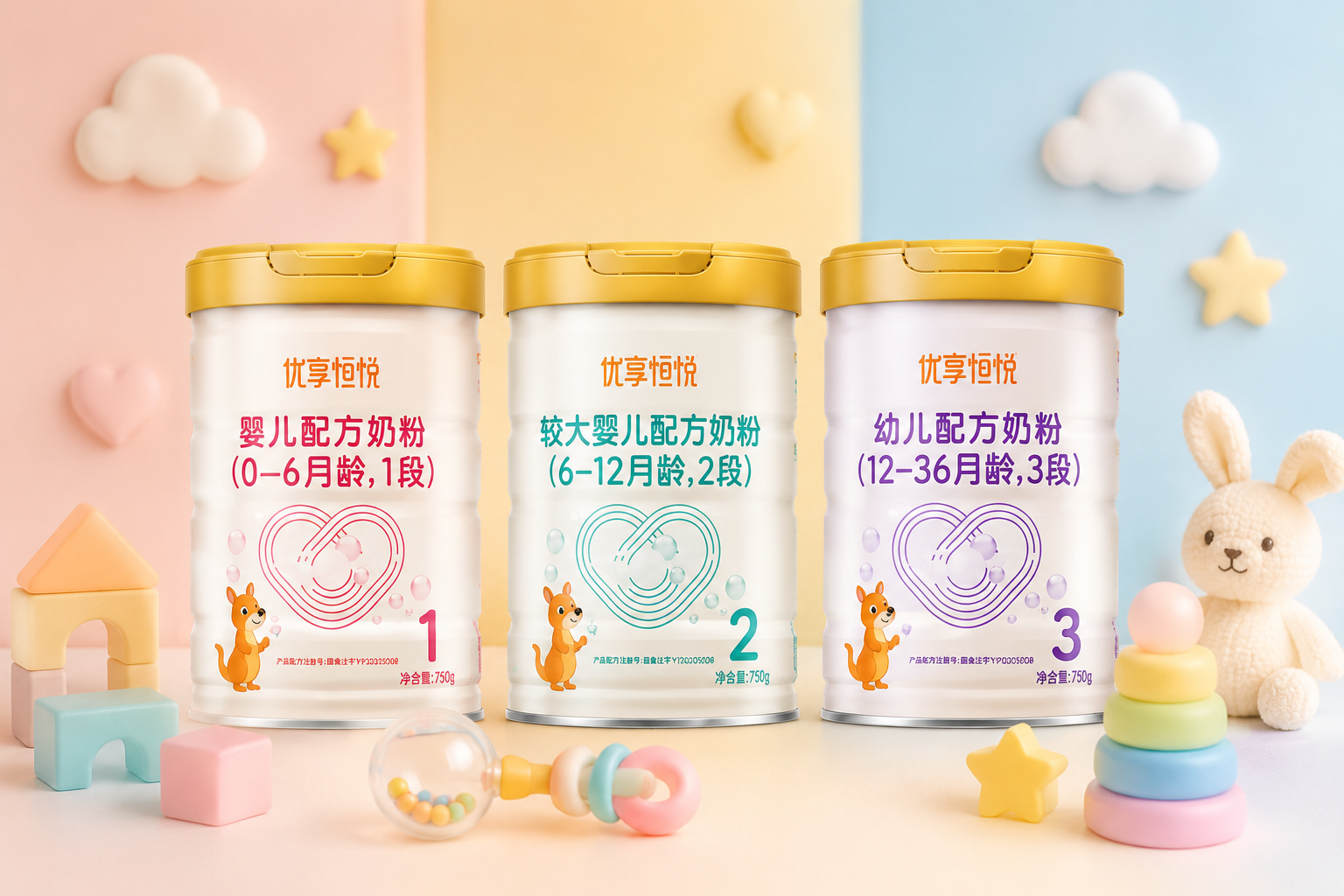 三罐不同段数的奶粉(1段、2段、3段)整齐排列在柔和的马卡龙色背景前,周围有积木、摇铃等婴儿成长阶段的玩具,代表宝宝不同阶段的营养需求,画面温馨可爱。