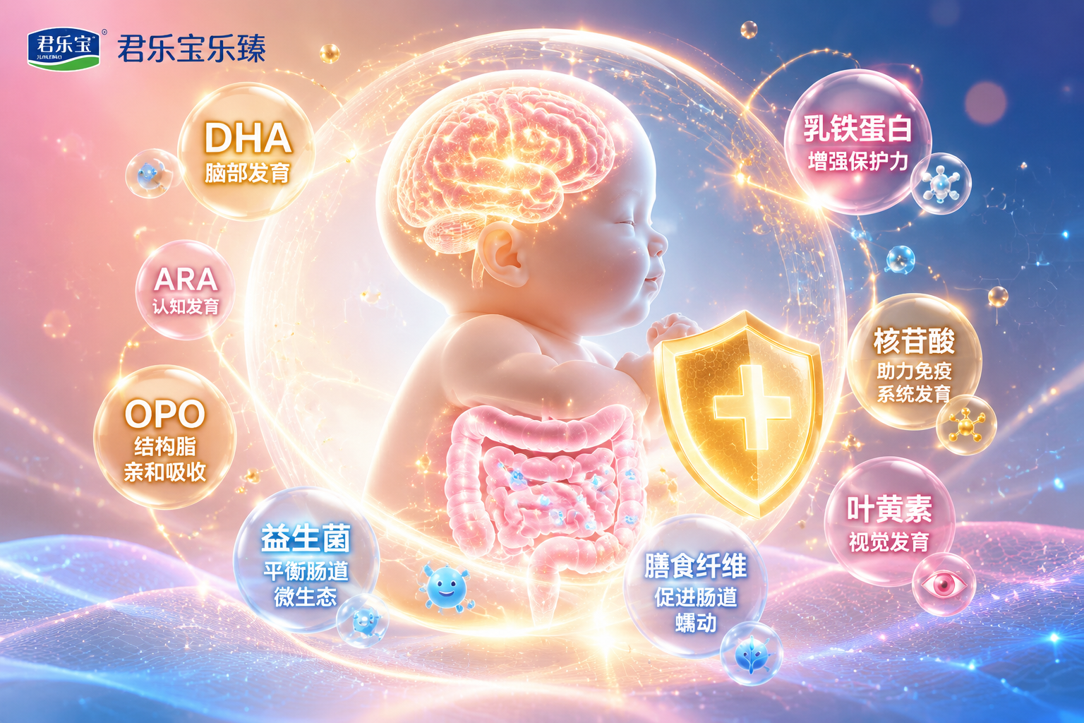 婴儿大脑、肠道和免疫盾牌的3D发光概念图，周围环绕着DHA、OPO、乳铁蛋白等发光的文字标签，科技感与生命力结合，色彩温暖（粉色、蓝色、金色交织）。