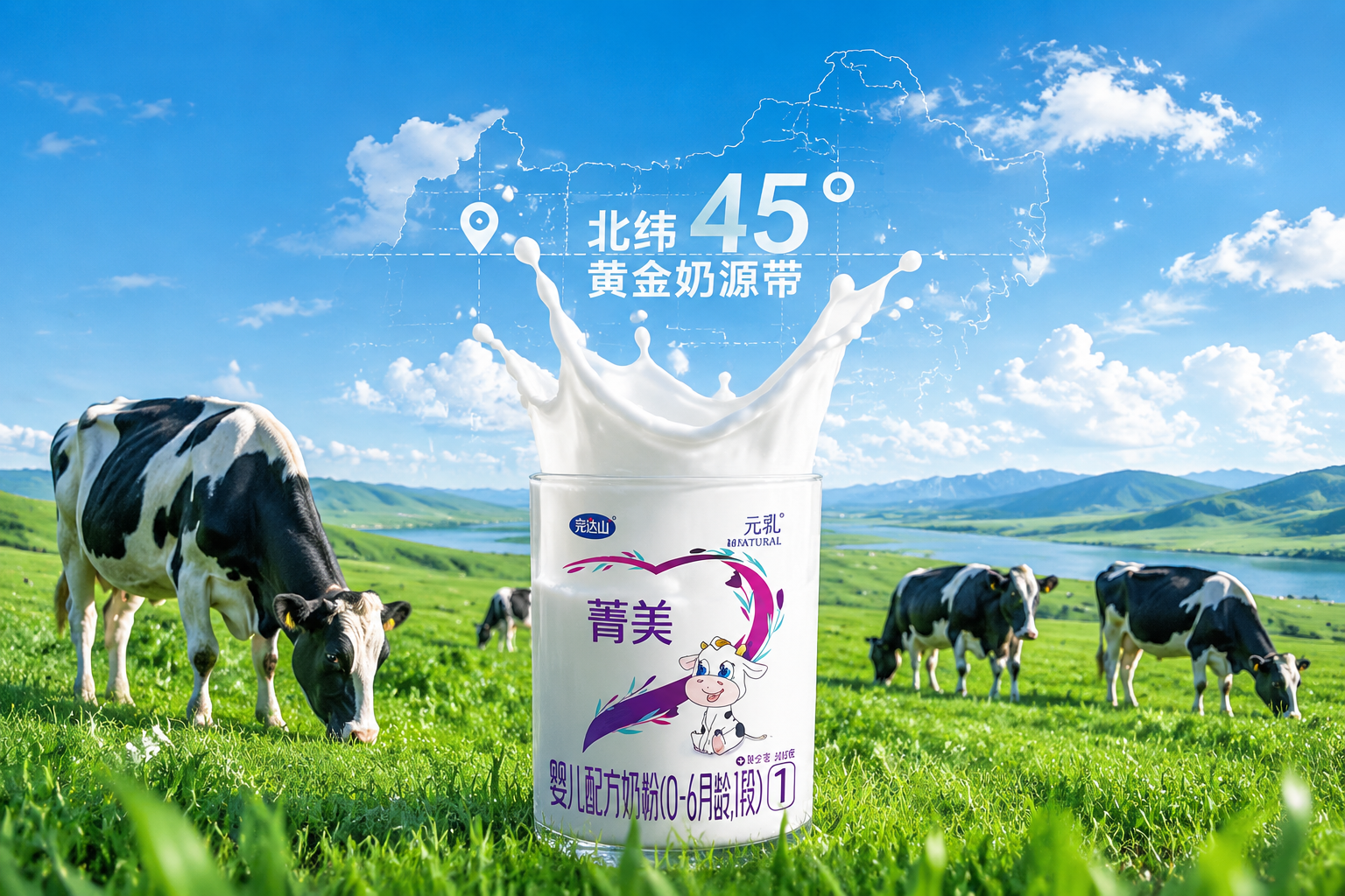 摄影级，广阔的绿色牧场，蓝天白云，几头健康的黑白花奶牛在吃草，画面中央有一杯溅起的纯净鲜牛奶，背景带有北纬45度黄金奶源带的地理坐标元素，自然、清新、生机勃勃。