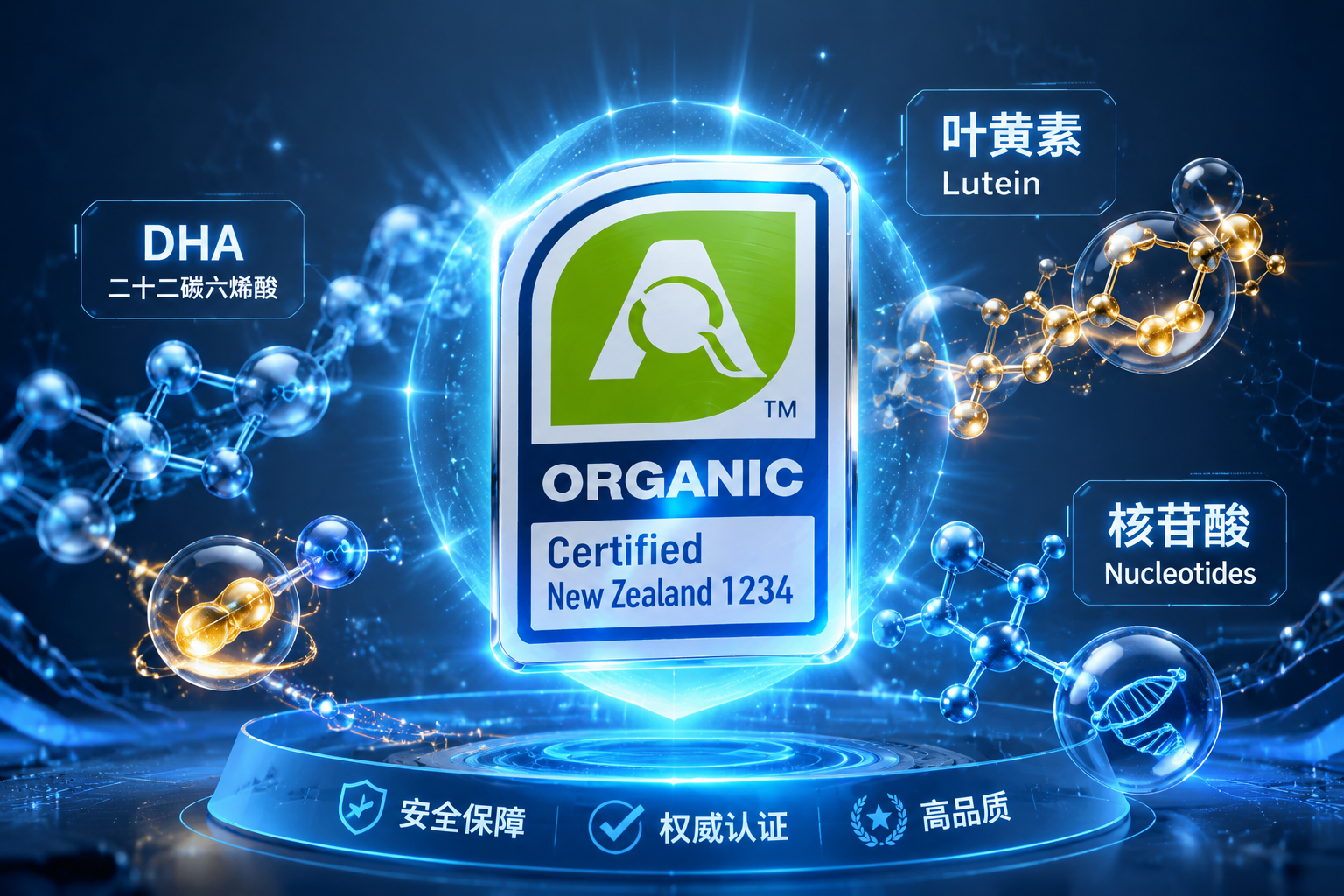 充满科技感的营养分子结构图，包含DHA、叶黄素、核苷酸等文字标签，中心悬浮着AsureQuality认证的盾牌图标，代表安全与高质量，3D渲染，发光效果。