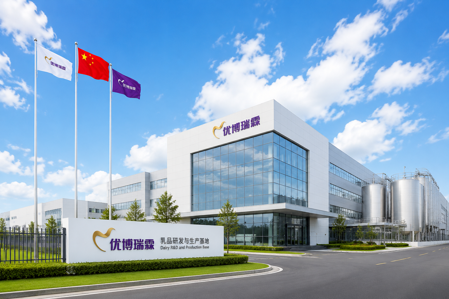 现代化、高科技的乳制品研发实验室和生产基地外观，背景是蓝天白云，体现企业的专业、安全与国际化实力，明亮清晰的建筑摄影风格。