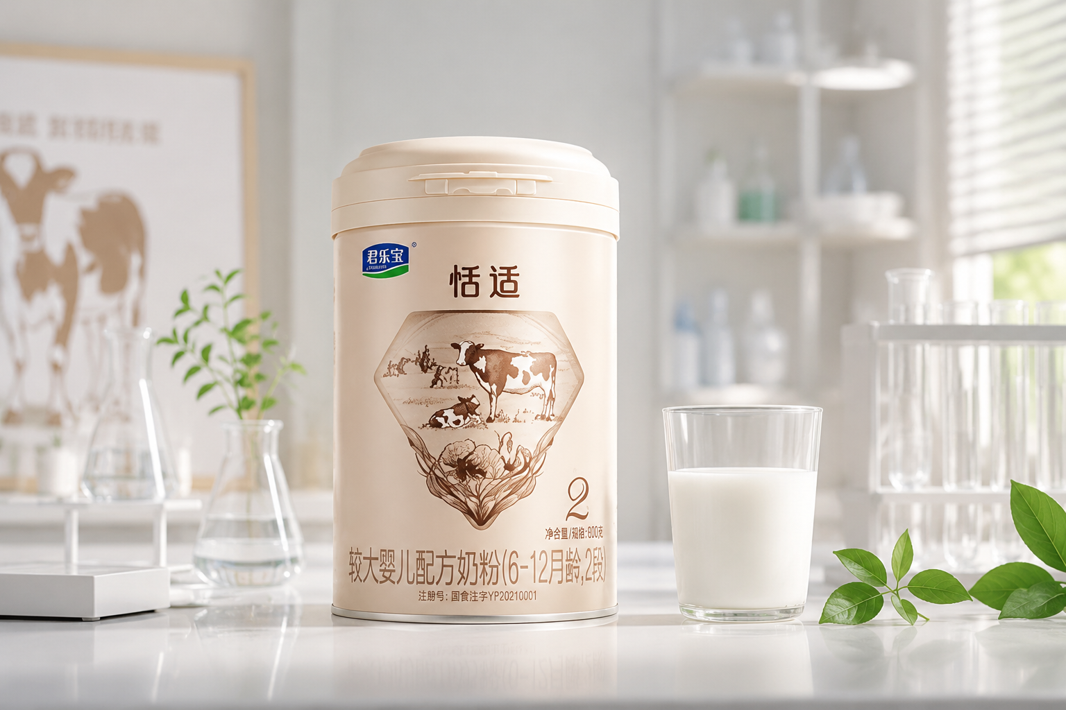 一罐君乐宝恬适奶粉2段放置在明亮的测评工作台上，旁边有新鲜的牛奶和绿叶装饰，背景是柔和的实验室或温馨的母婴室环境。高质量，8k分辨率，逼真的光影效果，专业产品摄影。