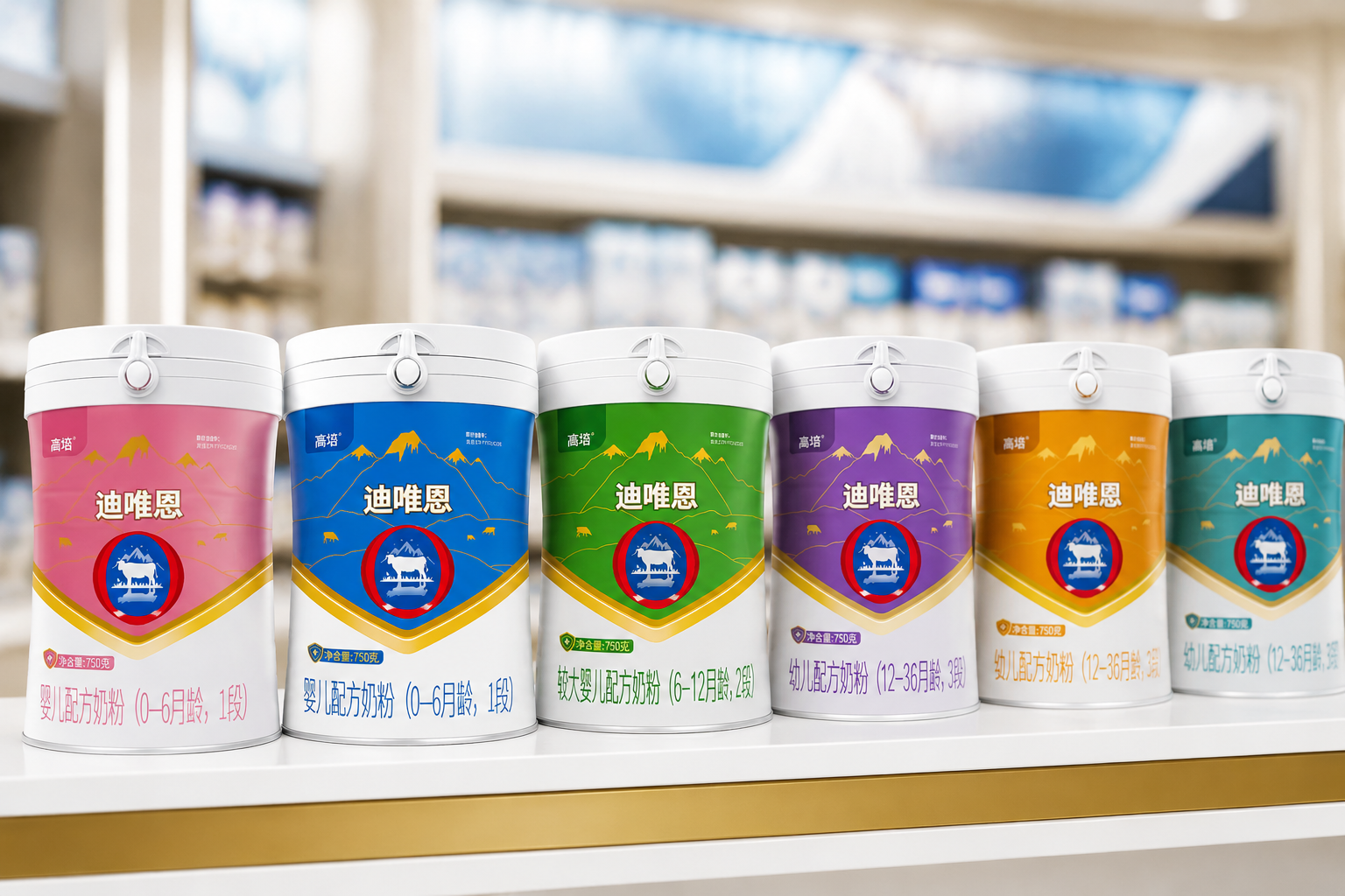 几罐不同颜色标识的同品牌奶粉整齐排列在货架上，代表着不同段数和系列，背景虚化，突出产品家族的丰富性，商业摄影风格。
