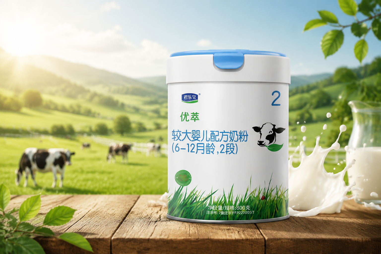 摄影级商品图,一罐君乐宝优萃有机奶粉放置在木质桌面上,背景是柔和的阳光和绿色的有机农场,旁边点缀着几滴飞溅的纯白牛奶,画面清新自然,突出“有机”与“高端”的质感,高分辨率,8k。