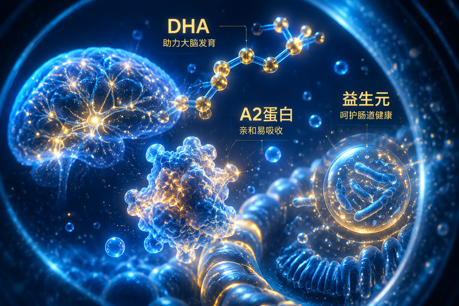显微镜下的发光营养分子，代表DHA、A2蛋白和益生元的结构，充满科技感，蓝色和金色的光效，微观摄影，3D渲染，高质量，象征大脑发育和肠道健康。