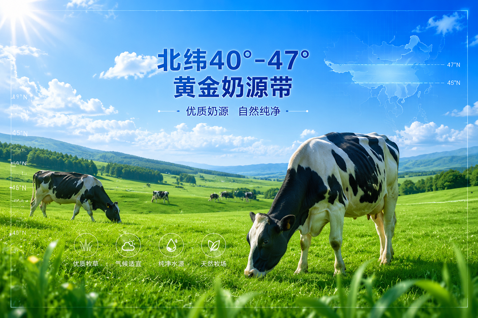 陽光明媚的廣闊綠色牧場(chǎng)，藍(lán)天白云，健康的奶牛在吃草，畫面帶有北緯40°-47°黃金奶源帶的科技感坐標(biāo)系，清新自然，生機(jī)勃勃。