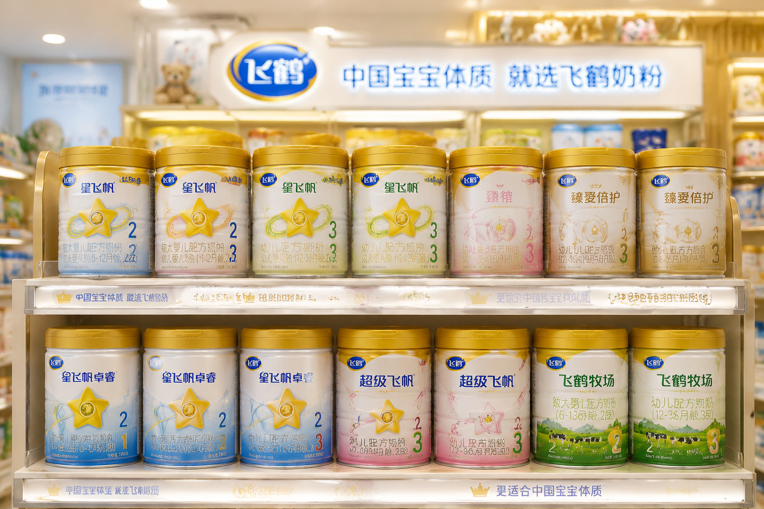 高端母嬰店貨架展示圖，多罐不同系列和段數(shù)的飛鶴奶粉整齊排列，燈光柔和，景深效果，突出品牌的豐富產(chǎn)品線，專業(yè)且值得信賴的品牌形象，8k分辨率。
