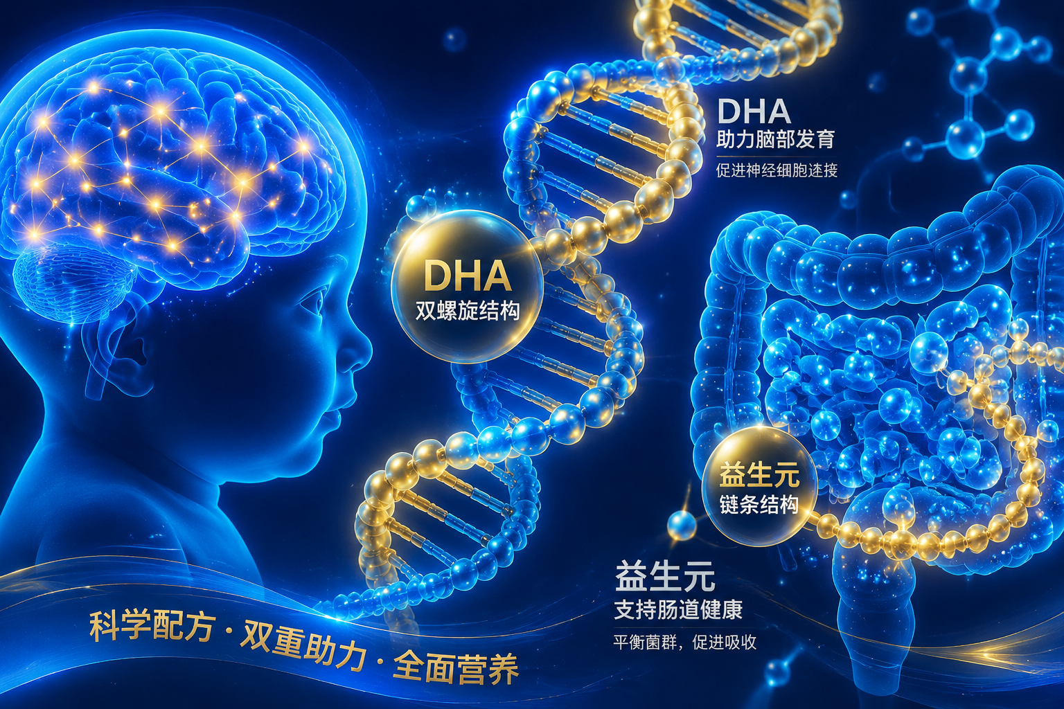 3D微观医学渲染图，展示蓝金色发光的DHA双螺旋分子结构和益生元链条，背景是深邃的蓝色，充满未来科技感和生命力，象征着强健的大脑与肠道发育。