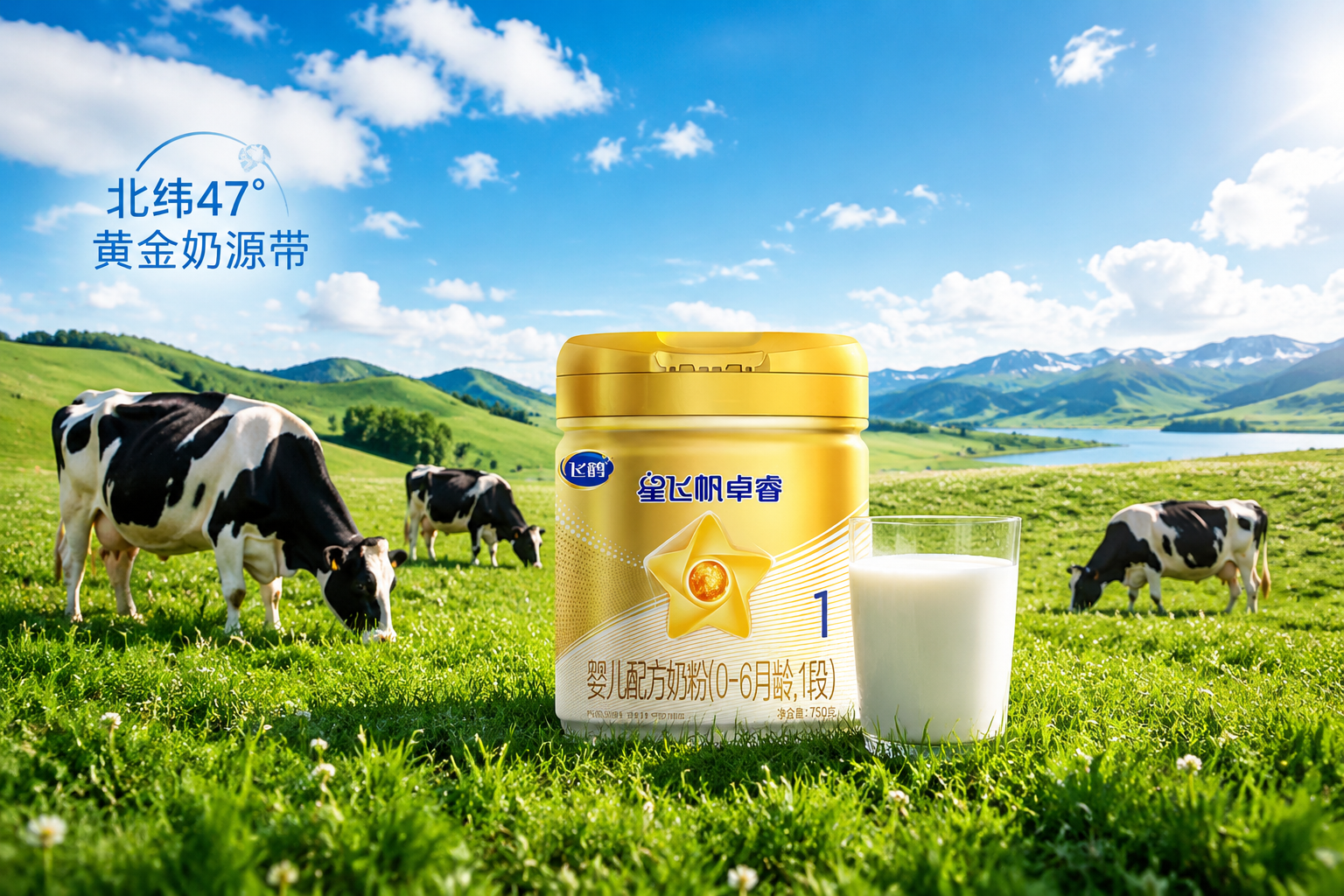 广阔的绿色草原，蓝天白云，阳光明媚，几头健康的黑白花奶牛在吃草。画面中央自然地放置着飞鹤星飞帆卓睿奶粉罐，旁边有一杯新鲜倒出的牛奶，展现“北纬47度黄金奶源带”的自然与纯净。