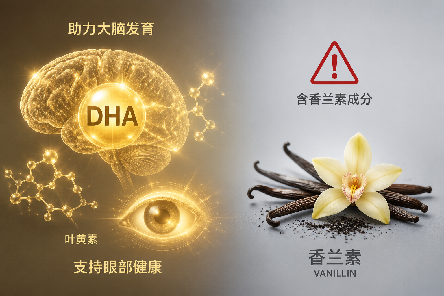 畫面左側(cè)展現(xiàn)代表大腦發(fā)育和眼部健康的金色發(fā)光元素（如DHA、葉黃素分子結(jié)構(gòu)），右側(cè)放置一個(gè)微小的紅色警示標(biāo)志，旁邊配有香草莢的插畫，代表香蘭素成分，整體對(duì)比鮮明，客觀中立。