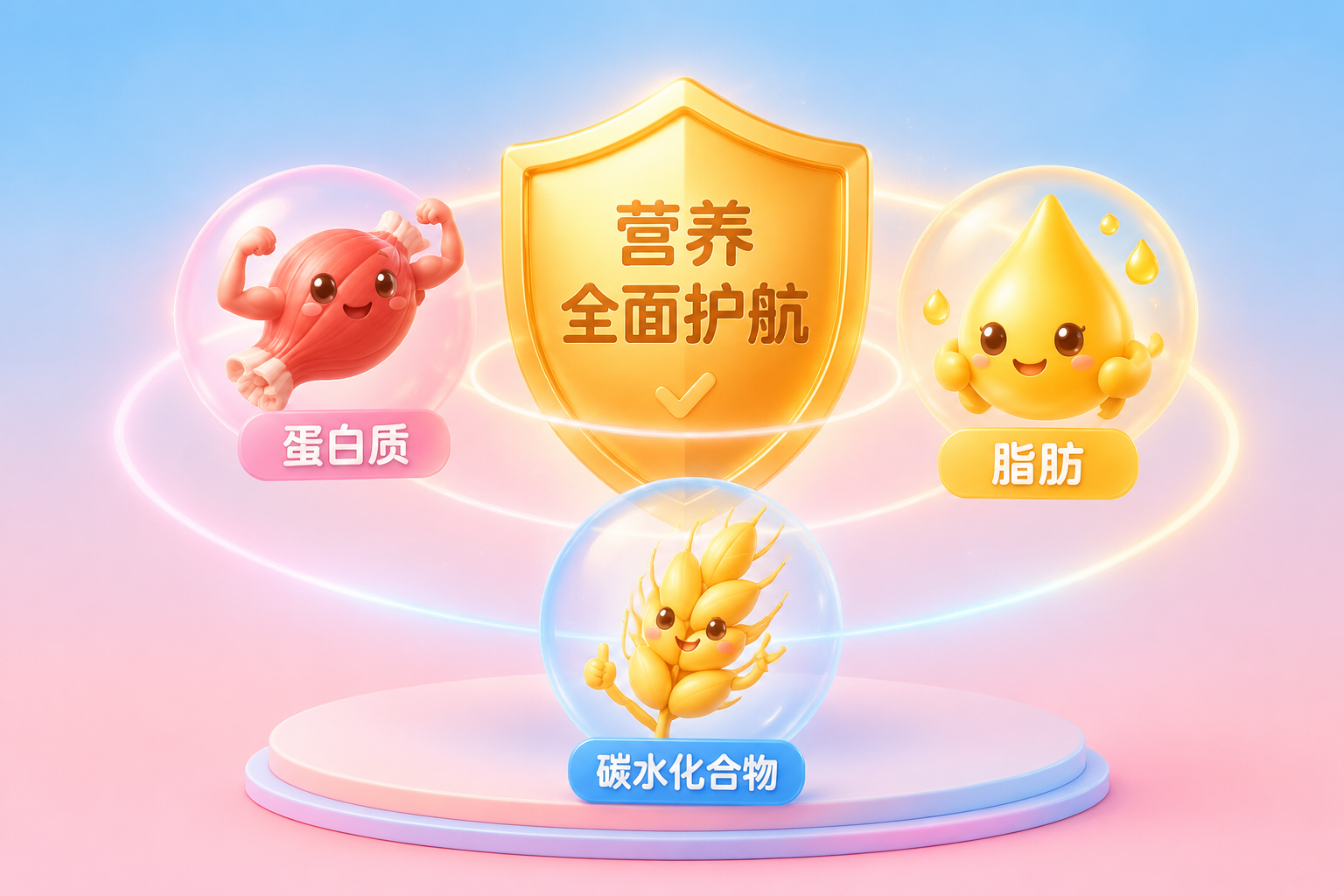 柔和的3D插画，三个可爱的卡通图标分别代表蛋白质（肌肉图标）、脂肪（油滴图标）和碳水化合物（麦穗图标），围绕着一个金色的盾牌，背景是温暖的婴儿蓝和粉色渐变，质感细腻。