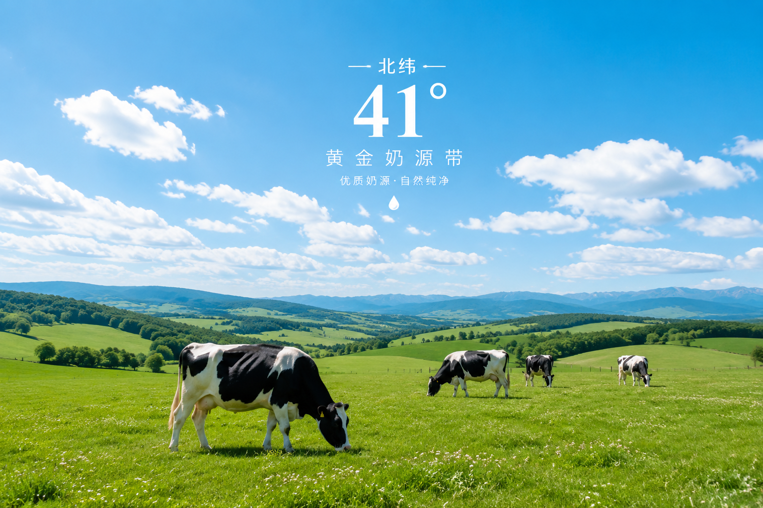广阔美丽的绿色草原，蓝天白云，阳光明媚，几头健康的黑白花奶牛在吃草，画面清新自然，展现北纬41度黄金奶源带的纯净生态，高画质，摄影级。