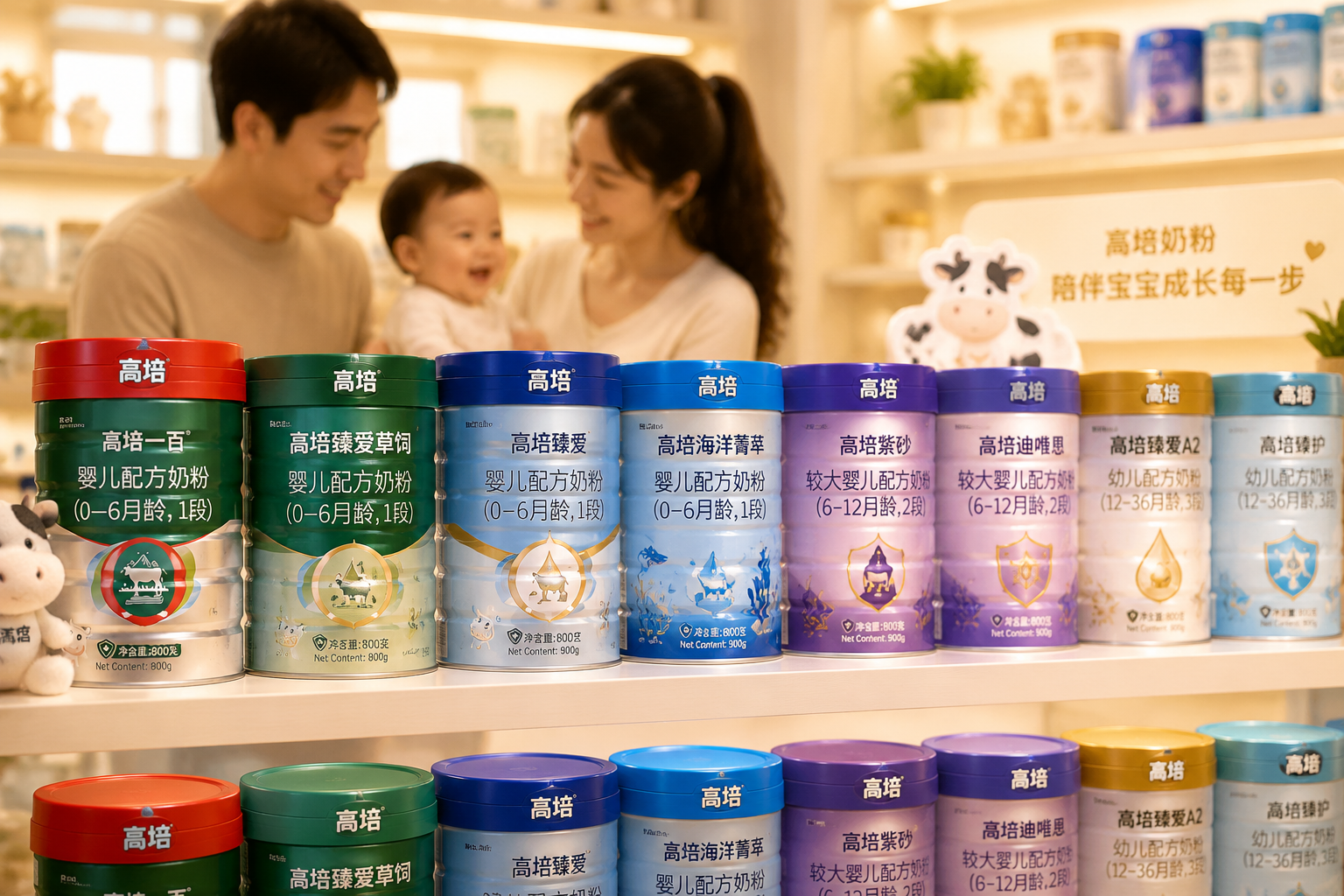货架上整齐排列的高培品牌不同系列和段数的奶粉罐，背景虚化，突出品牌家族的丰富产品线，色调温馨，带有陪伴宝宝成长的家庭氛围感。