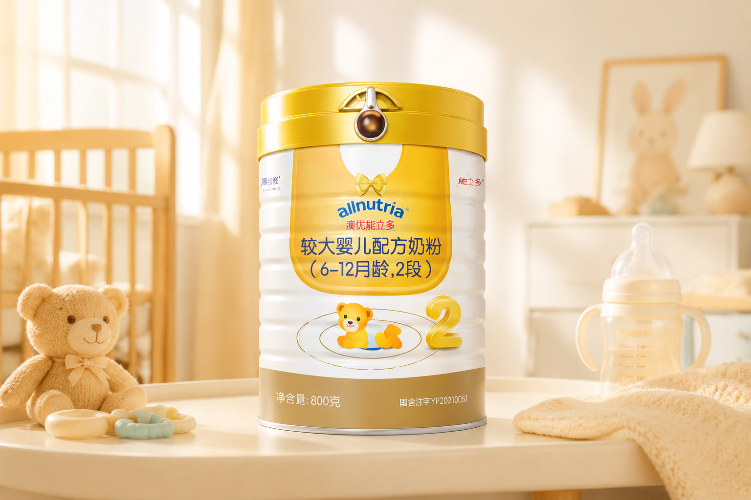 商业级高级产品摄影,一罐澳优能立多奶粉放置于画面中央,背景是柔和明亮的婴儿房环境,带有阳光透入的温暖光影,体现出专业、安心的高品质母婴博主评测风格,8k分辨率,超高清晰度。